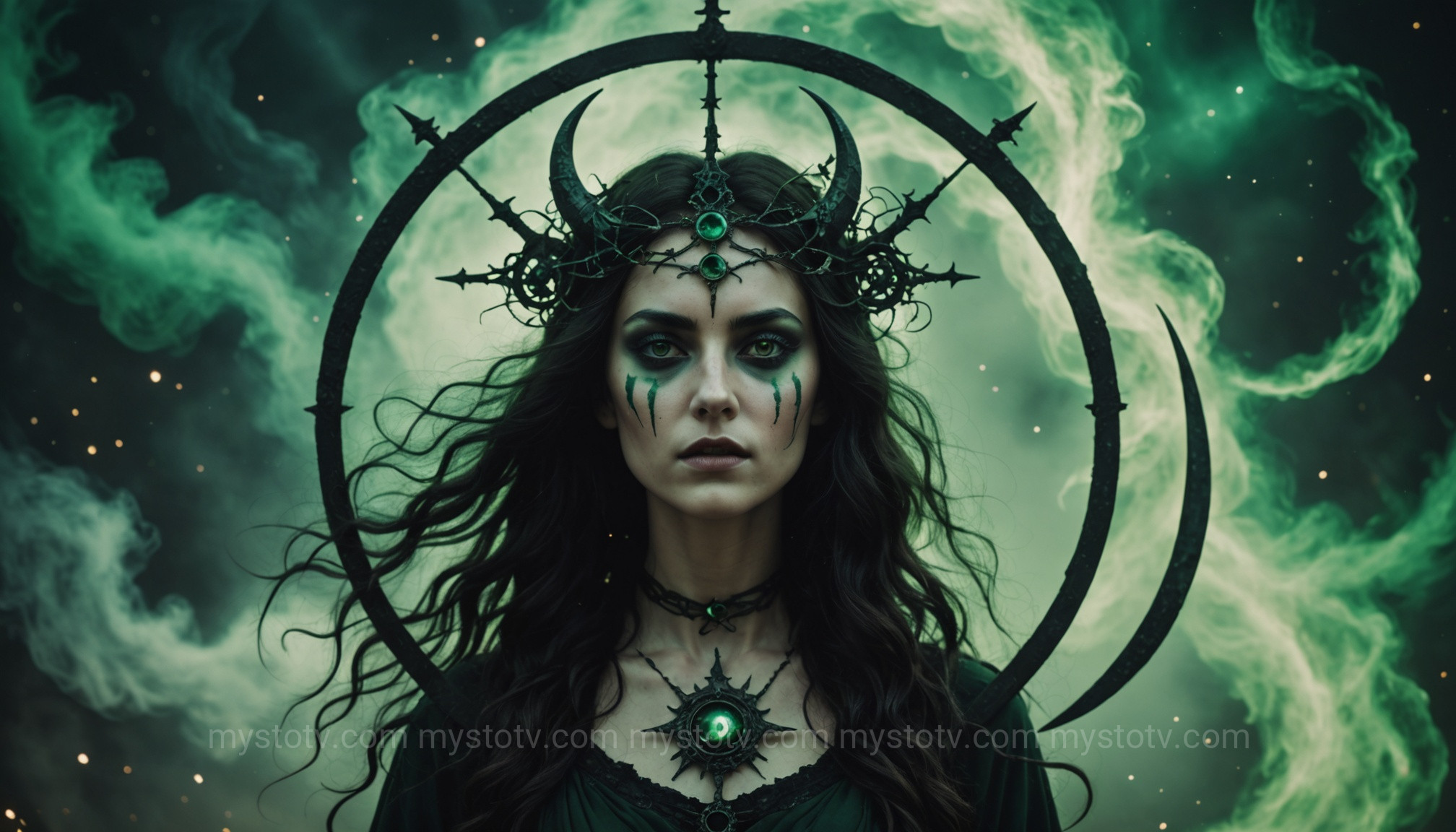 Key symbols of the Melinoe goddess, including the moon, a sickle, and ghostly magic, representing her powers.
