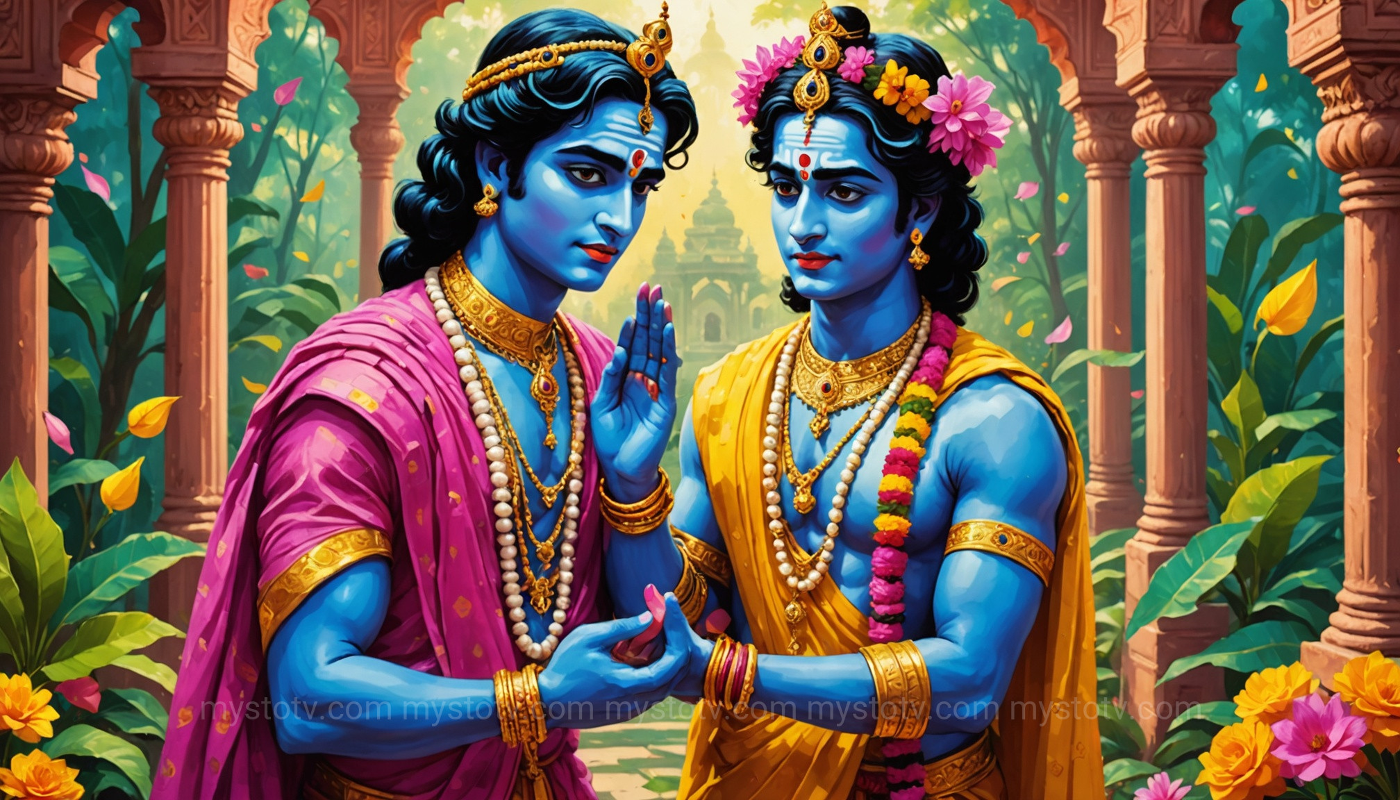 Lord Krishna playfully approaching Radha with a handful of gulal, illustrating the origin story of holi krishna colors.