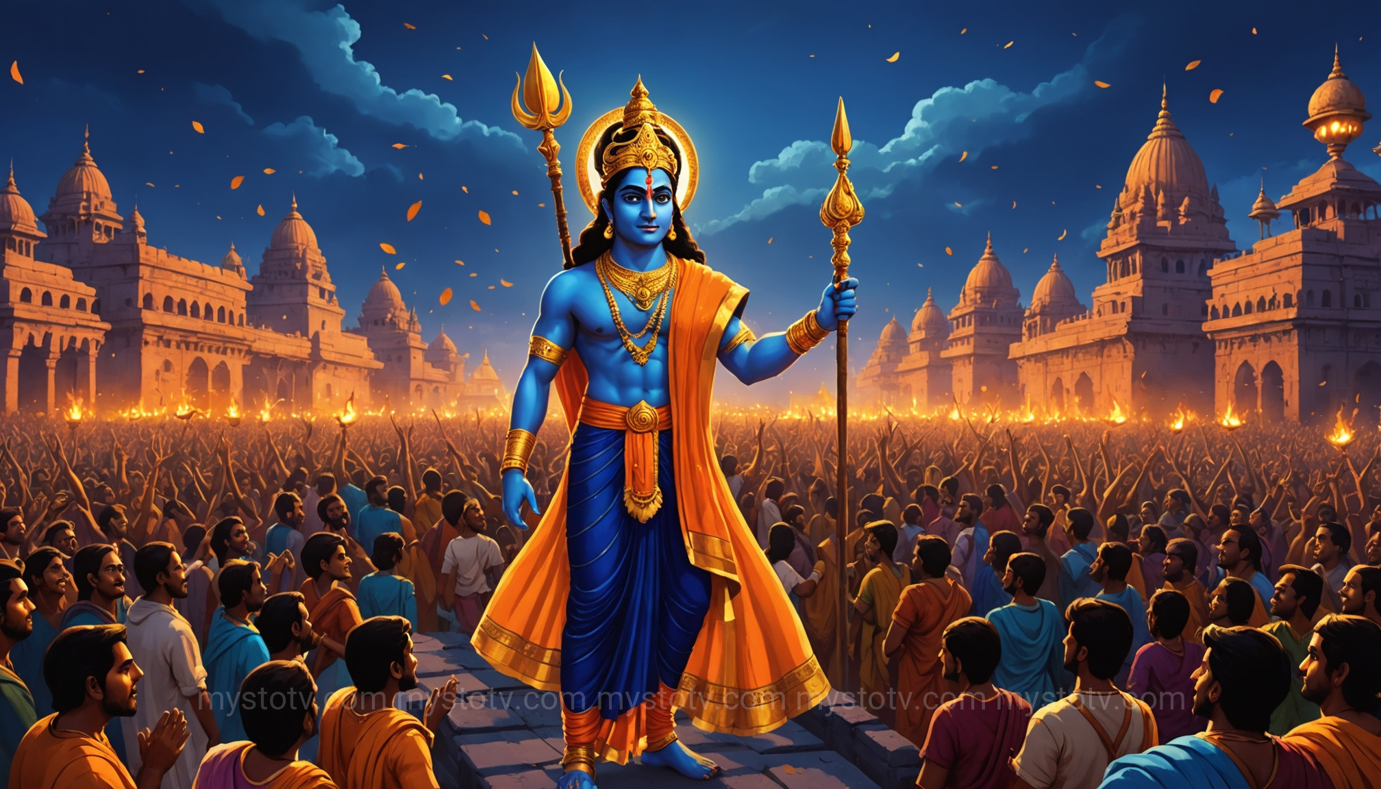 Lord Rama\'s triumphant return to Ayodhya, a key story of the diwali festival, with rows of diyas lighting the way.