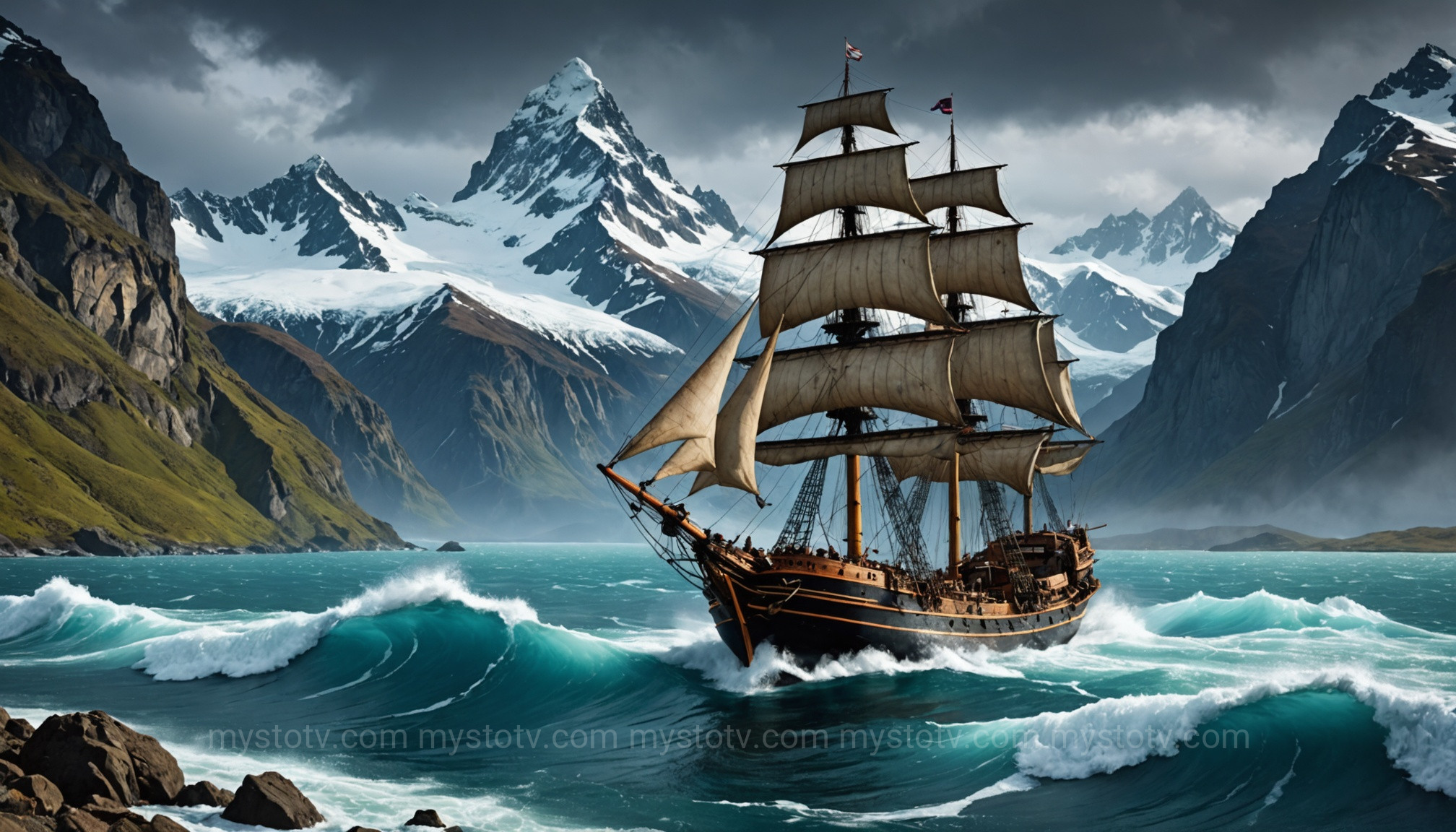 Magellan\'s ship navigating a treacherous strait, a pivotal moment for maritime historical explorers during the Age of Sail.