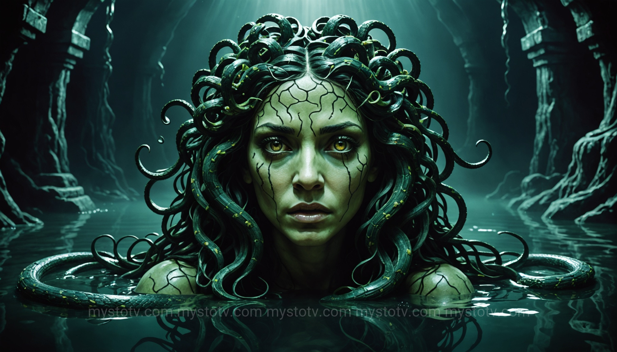 Medusa as a tragic Gorgon, reflecting on her cursed existence in her isolated lair, a key scene in the story of Medusa and Athena.
