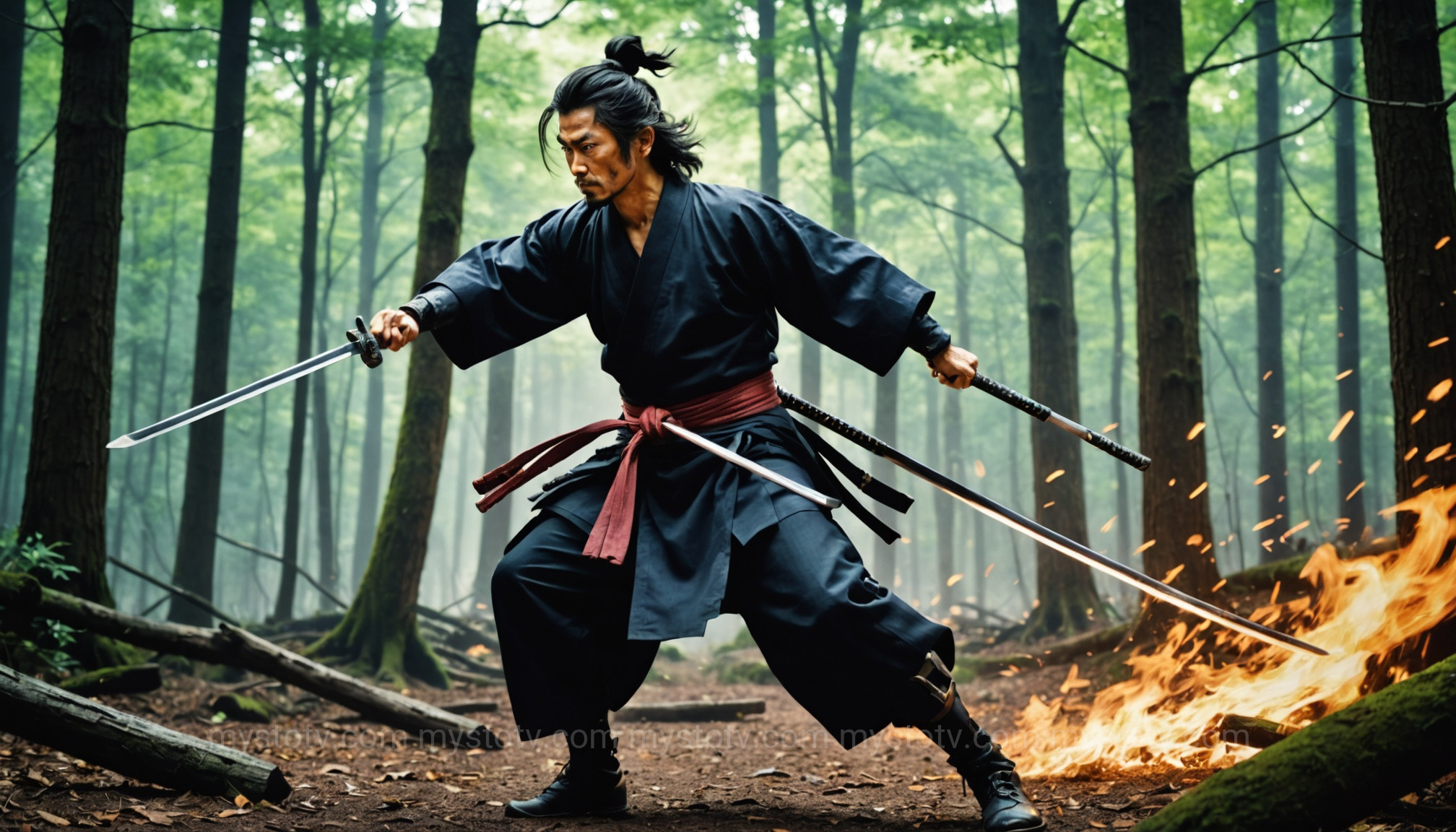 Miyamoto Musashi duels with Shishido Baiken, showcasing his two-sword style against the kusarigama weapon.