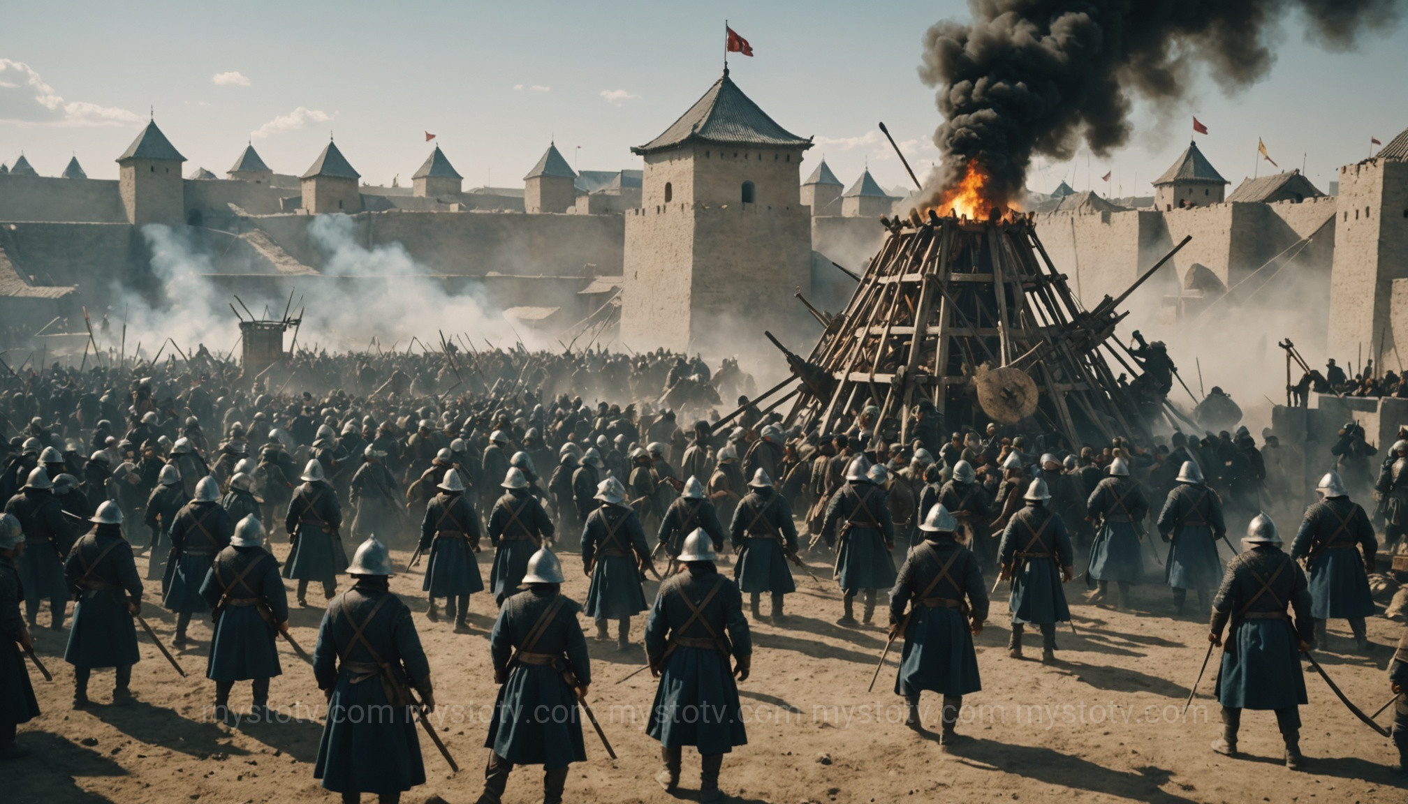 Mongol siege engines attacking a walled city, showing the adaptation of Genghis Khan tactics for siege warfare.