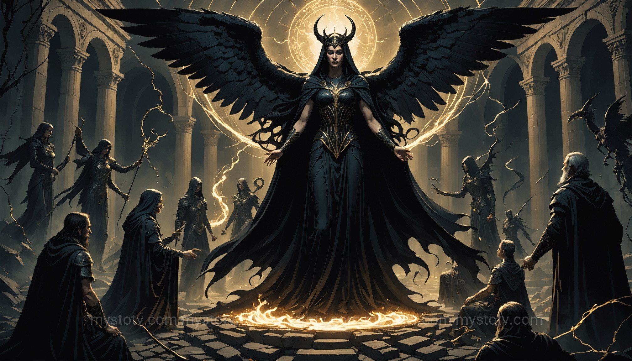 Nyx with her children Hypnos, Thanatos, and the Moirai, showcasing the reach of the Nyx greek goddess powers.