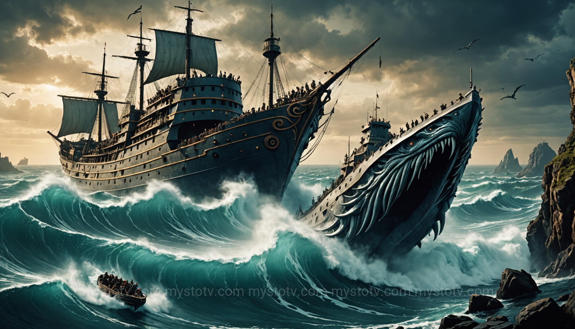 Odysseus\'s ship faces monsters in the odyssey summary animated.
