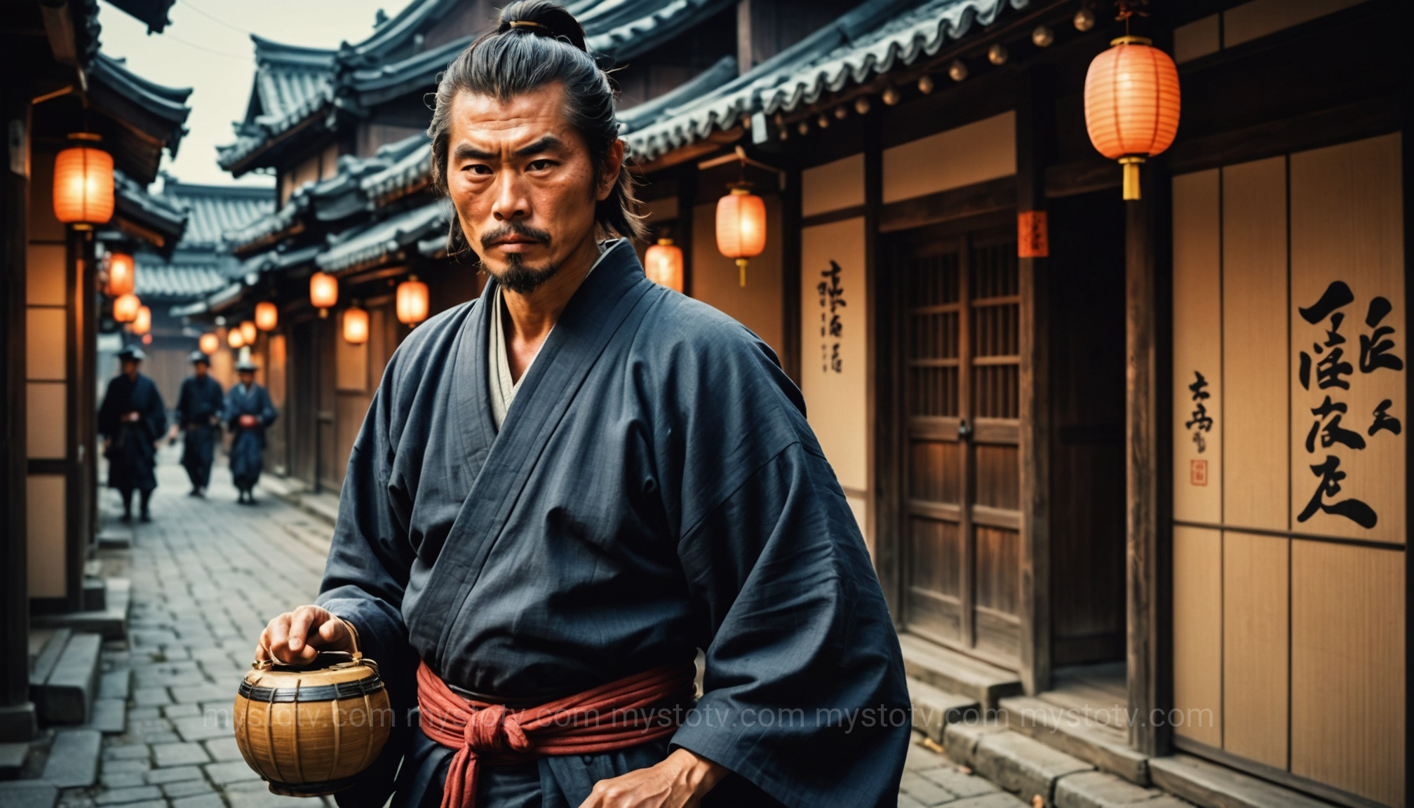 Oishi Kuranosuke, leader of the samurai, feigning a life of debauchery to deceive spies in the 47 ronin story.
