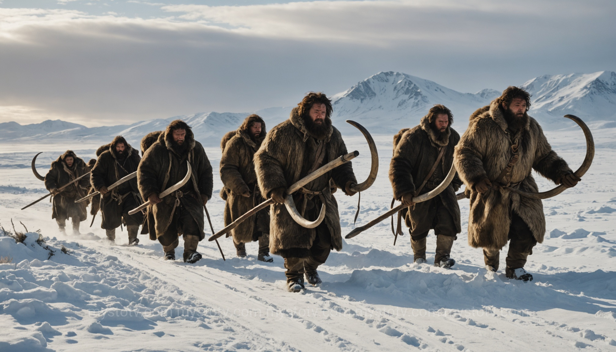 Paleo-Indian hunters tracking a woolly mammoth across the Bering Land Bridge, a key motivation for migration.