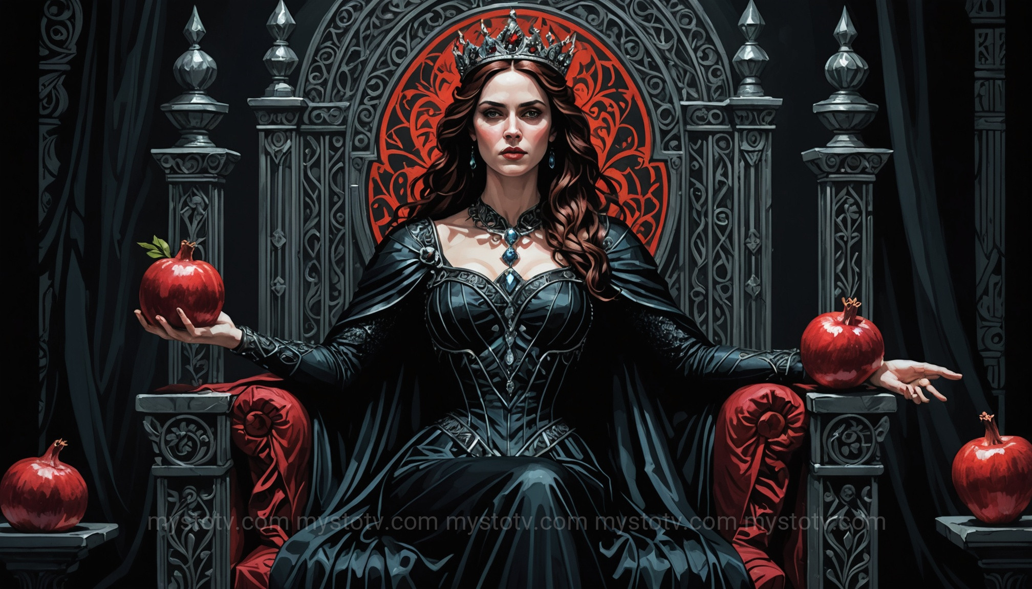Persephone as the powerful Queen of the Underworld, showcasing her transformation in the story of Persephone and Hades.