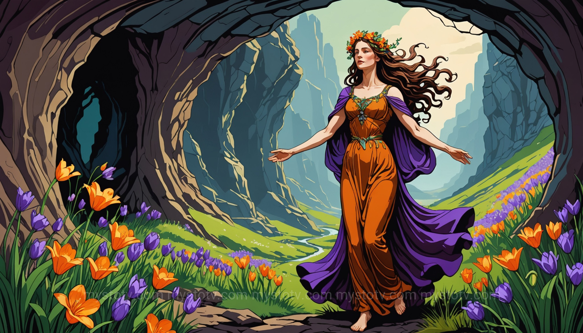 Persephone\'s return to the surface world, bringing spring and demonstrating the creation of seasons in the story of Persephone and Hades.