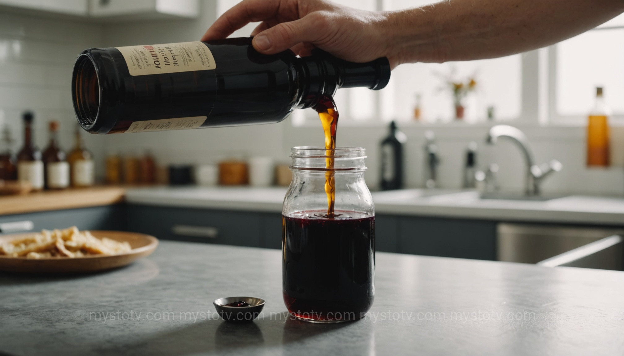 Pouring finished syrup into a sterilized bottle, a key step in Traditional Folk Medicine: Following an Old-Fashioned Making Elderberry Syrup Recipe.