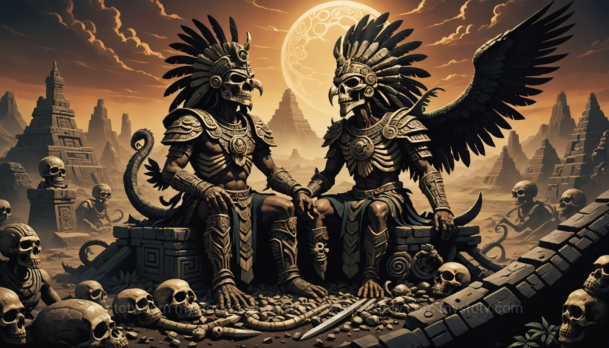 Quetzalcoatl in Mictlan, gathering the precious bones to create humanity for the Fifth Sun in the Aztec creation story.