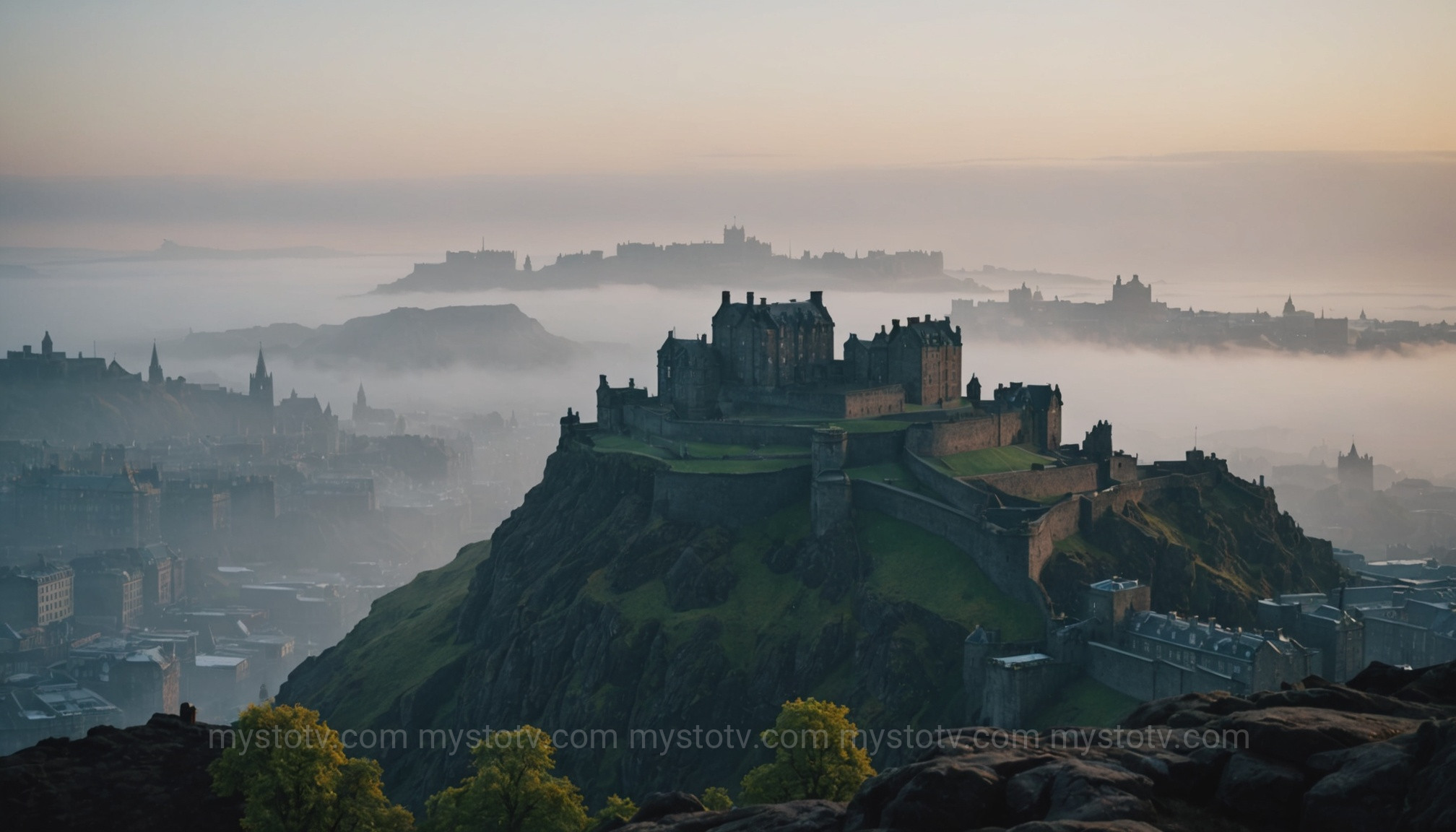 Scotland\'s Edinburgh Castle, a prominent fixture among the most haunted places in the world, emerges from a thick morning fog.