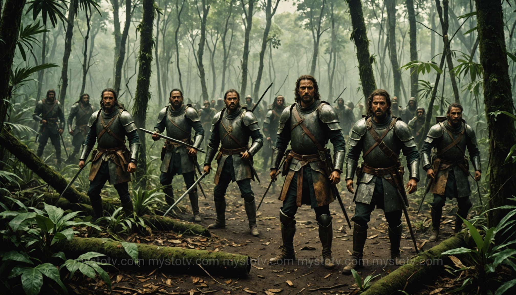 Spanish conquistadors on a perilous expedition through the jungle, representing the deadly search for the legend of El Dorado city of gold.