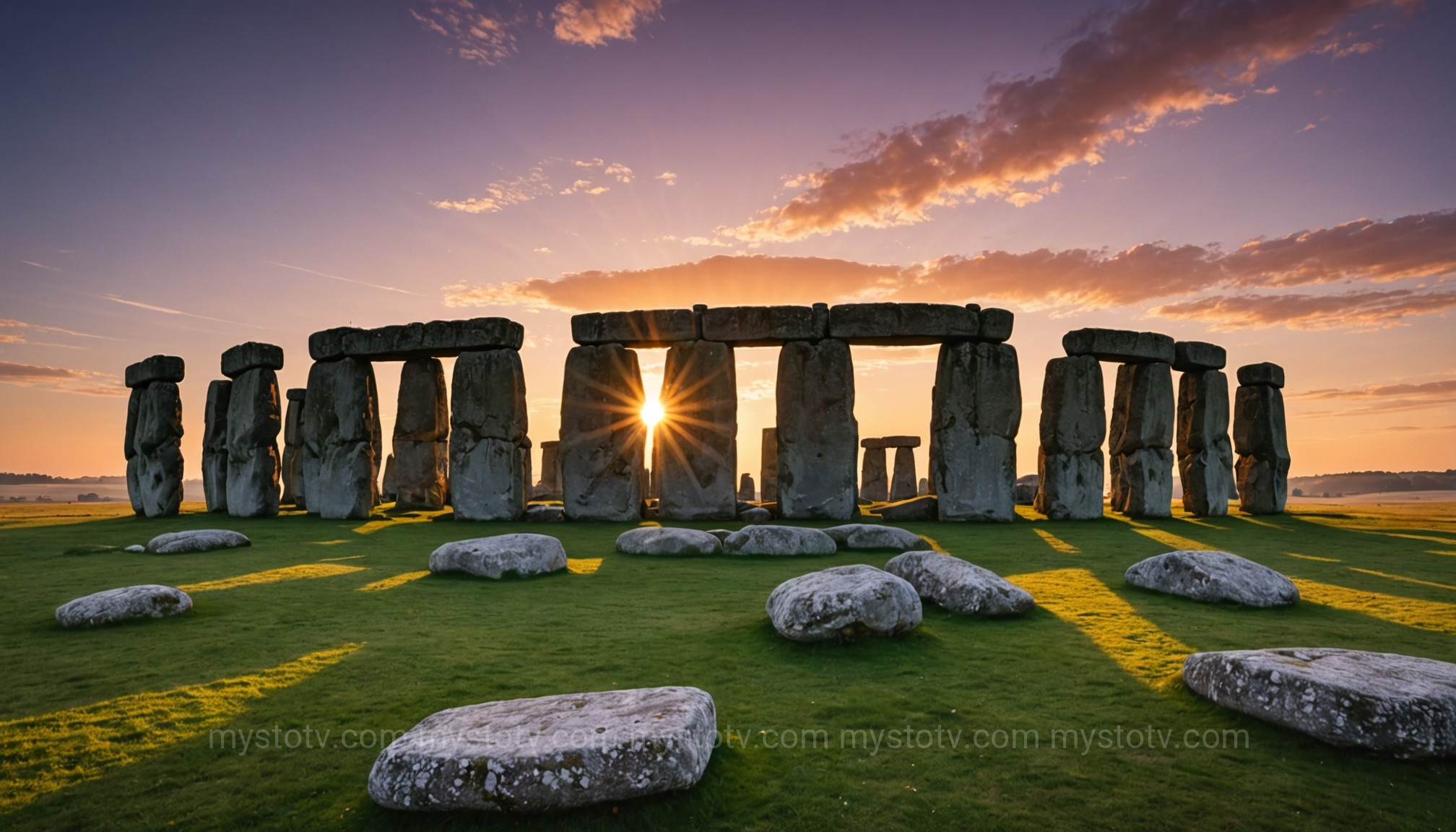The ancient stones of Stonehenge aligned with the summer solstice sunrise, an example of architecture used for sun deity worship.