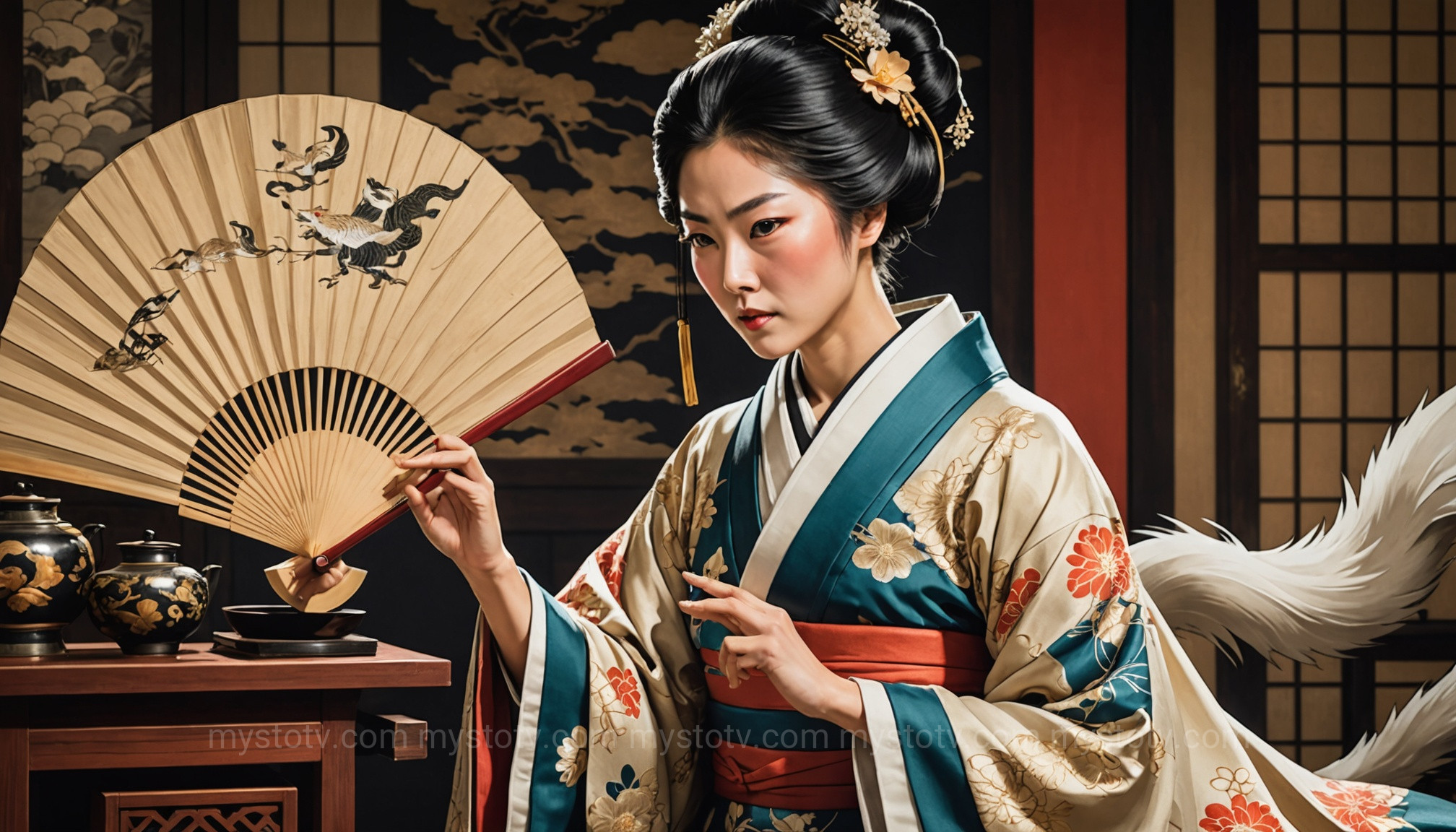 The beautiful but dangerous court lady Tamamo-no-Mae, a famous trickster from the Japanese kitsune myth.