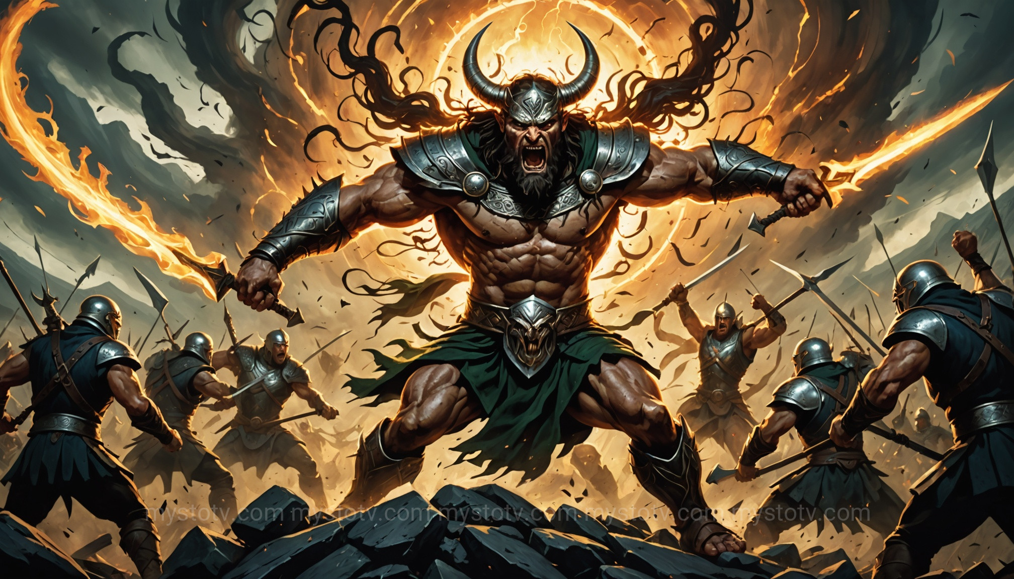 The Celtic god Lugh defeats Balor of the Evil Eye during the Second Battle of Mag Tuired, fulfilling the prophecy.