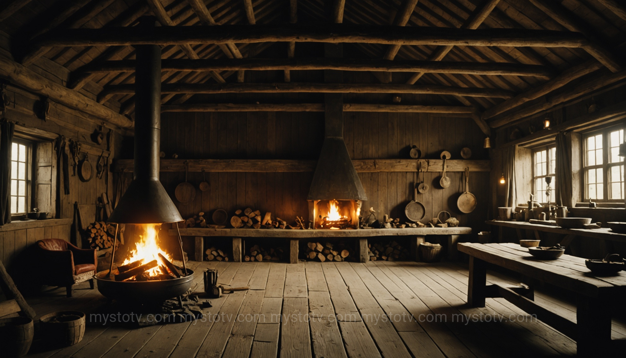 The central longfire hearth, the heart of the home, illustrating interior viking longhouse construction techniques.