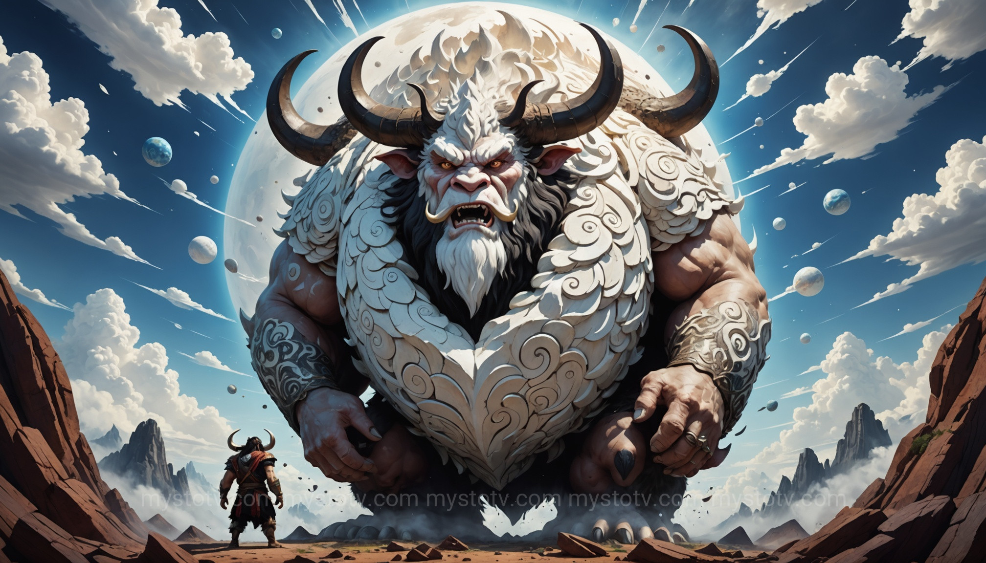 The Chinese creator giant Pangu separating heaven and earth, a key story in a deities creation myth comparison.