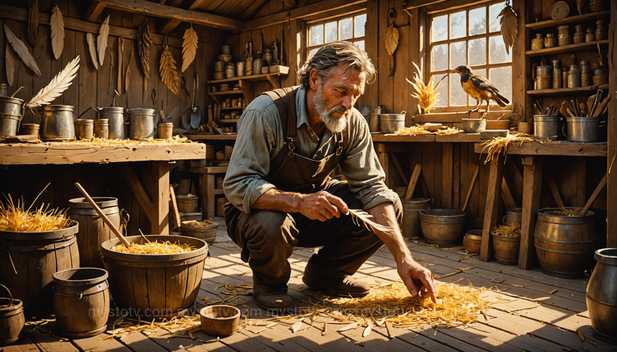 The craftsman Daedalus constructing wings of feather and wax in this part of the story of Icarus and Daedalus.