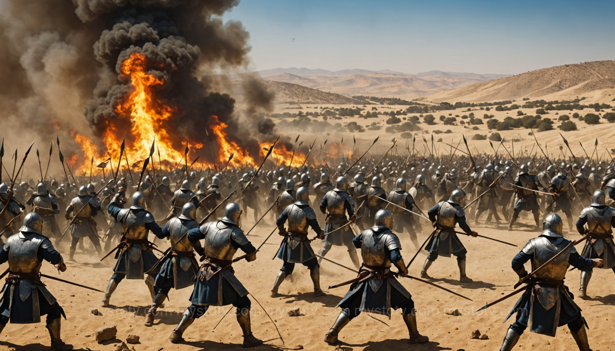 The decisive Battle of Hattin, a key victory in the Saladin Crusades history, showing the Crusader army surrounded.