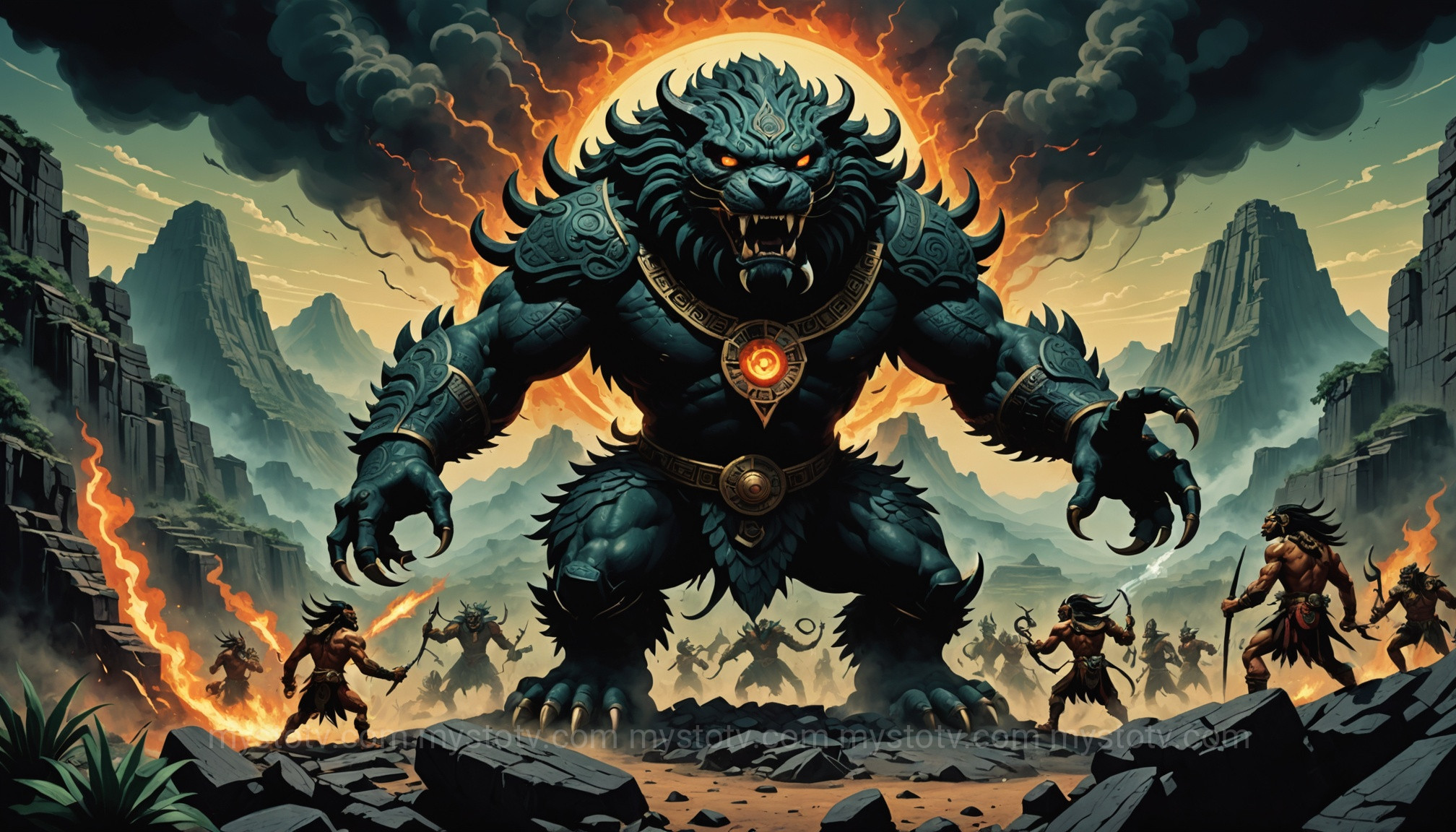 The destruction of the First Sun in the Aztec creation story, where Tezcatlipoca becomes a jaguar to devour the world\'s inhabitants.
