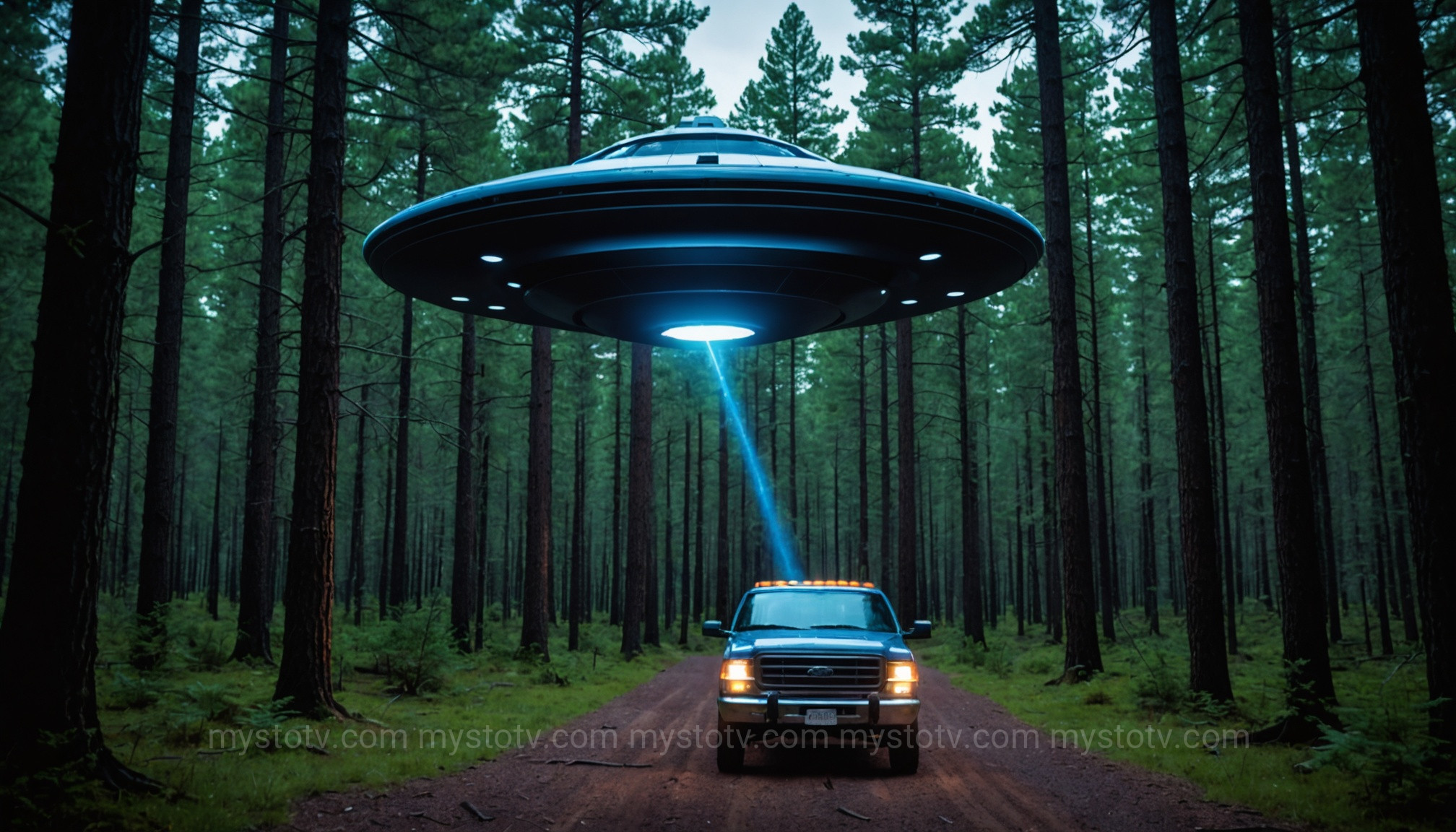 The dramatic encounter central to the Travis Walton alien abduction stories, depicting him being struck by a beam of light.