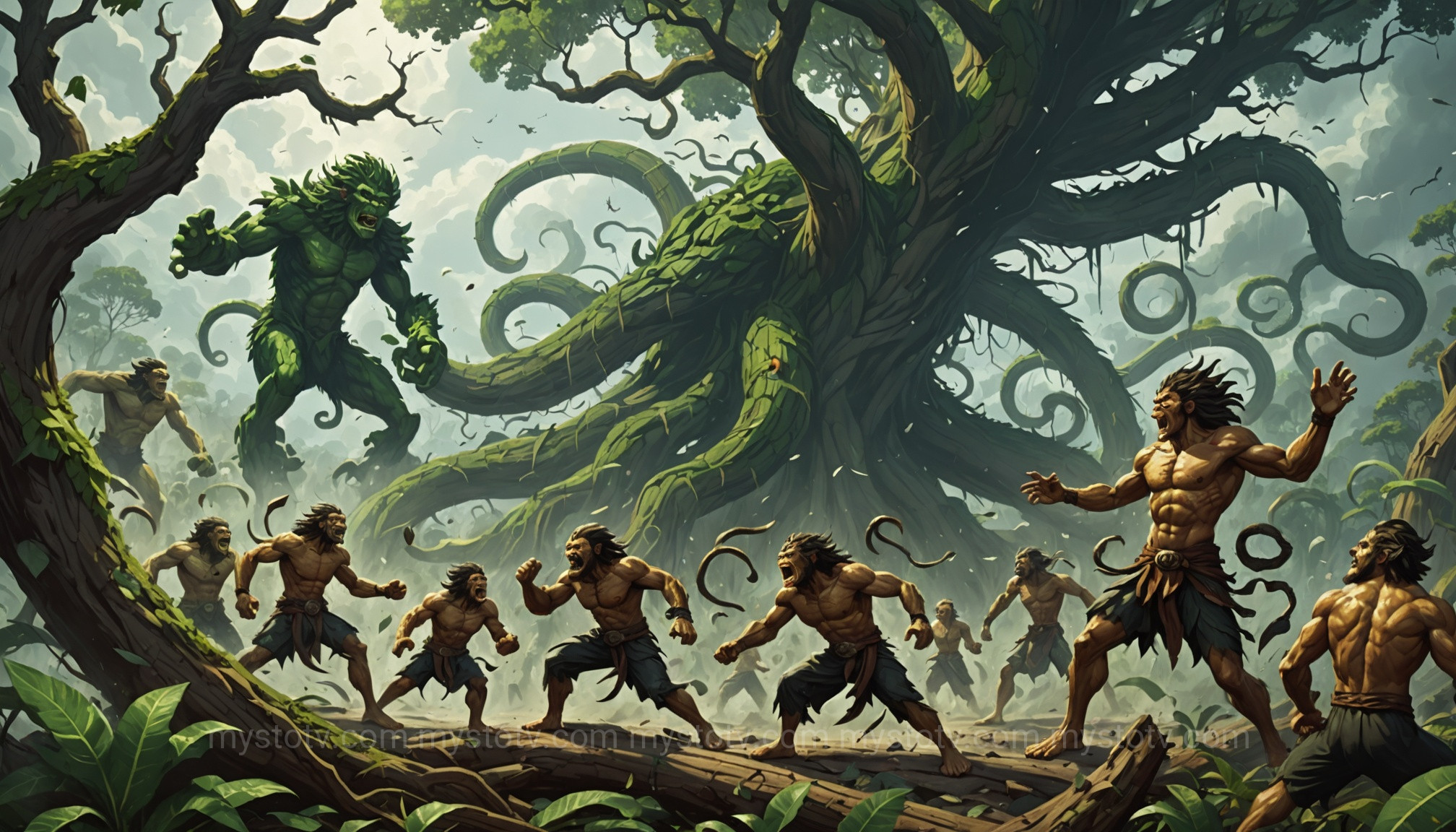 The end of the Second Sun in the Aztec creation story, with powerful winds transforming humans into monkeys.