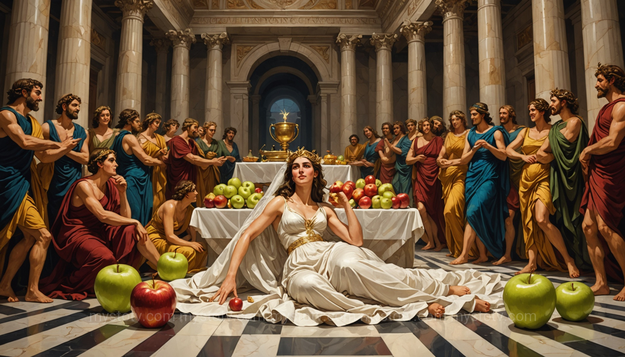 The Eris goddess of chaos tossing the Golden Apple of Discord into the wedding of Peleus and Thetis.