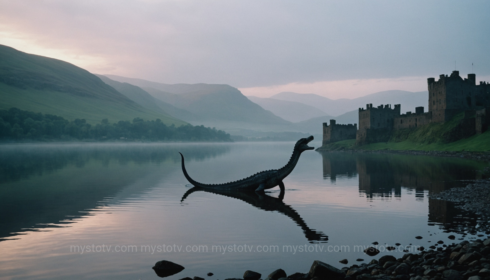 The famous Loch Ness Monster from the cryptid creatures list emerging from the water near a castle.