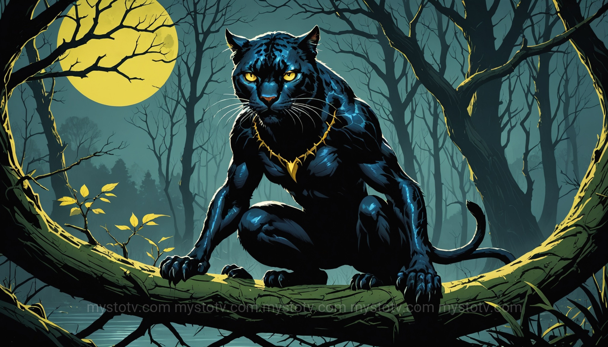 The fearsome Wampus Cat, a shapeshifting monster from Cherokee and Appalachian folklore stories, in a swampy forest.