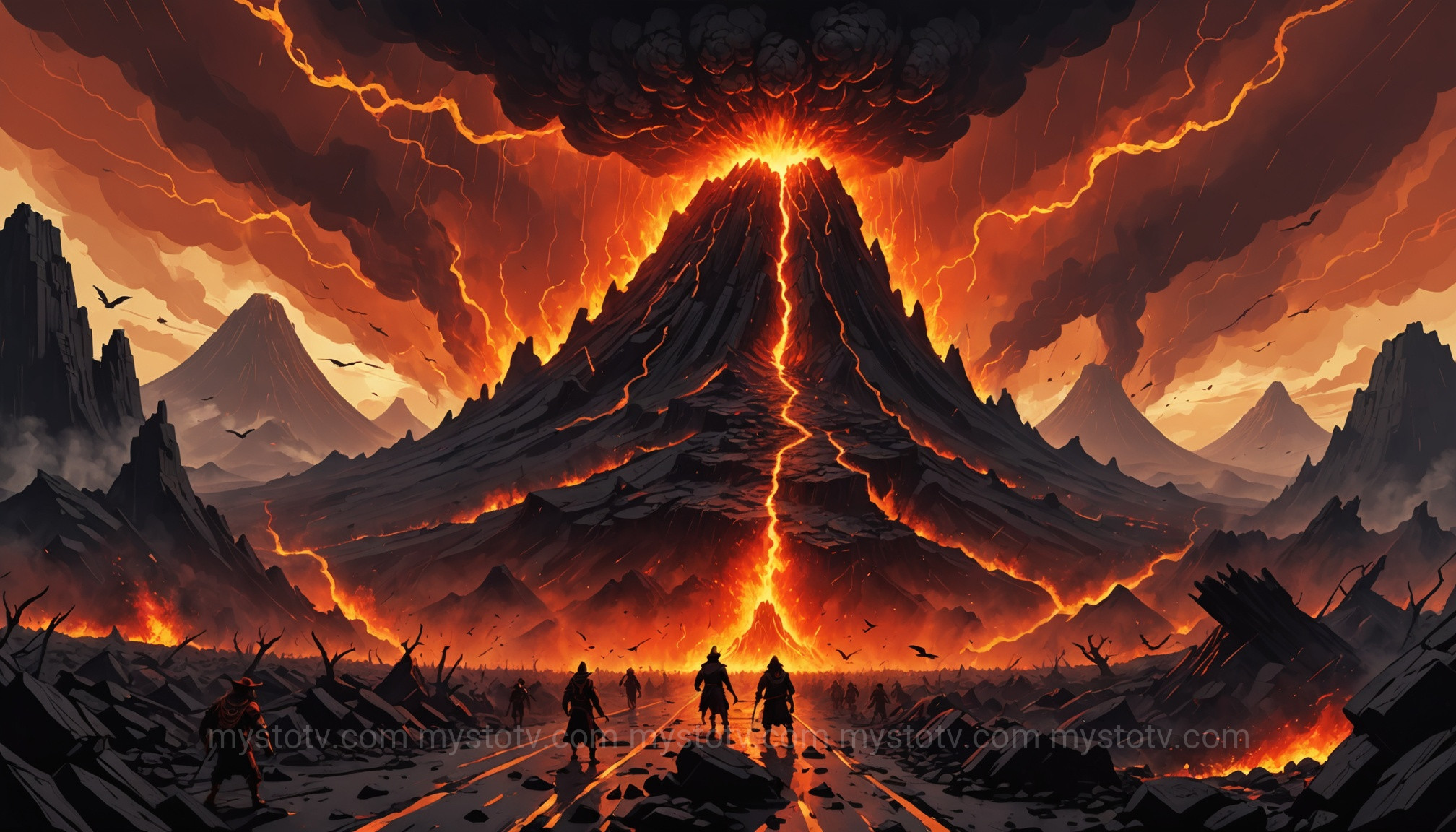 The fiery rain of the Third Sun in the Aztec creation story, turning people into birds.