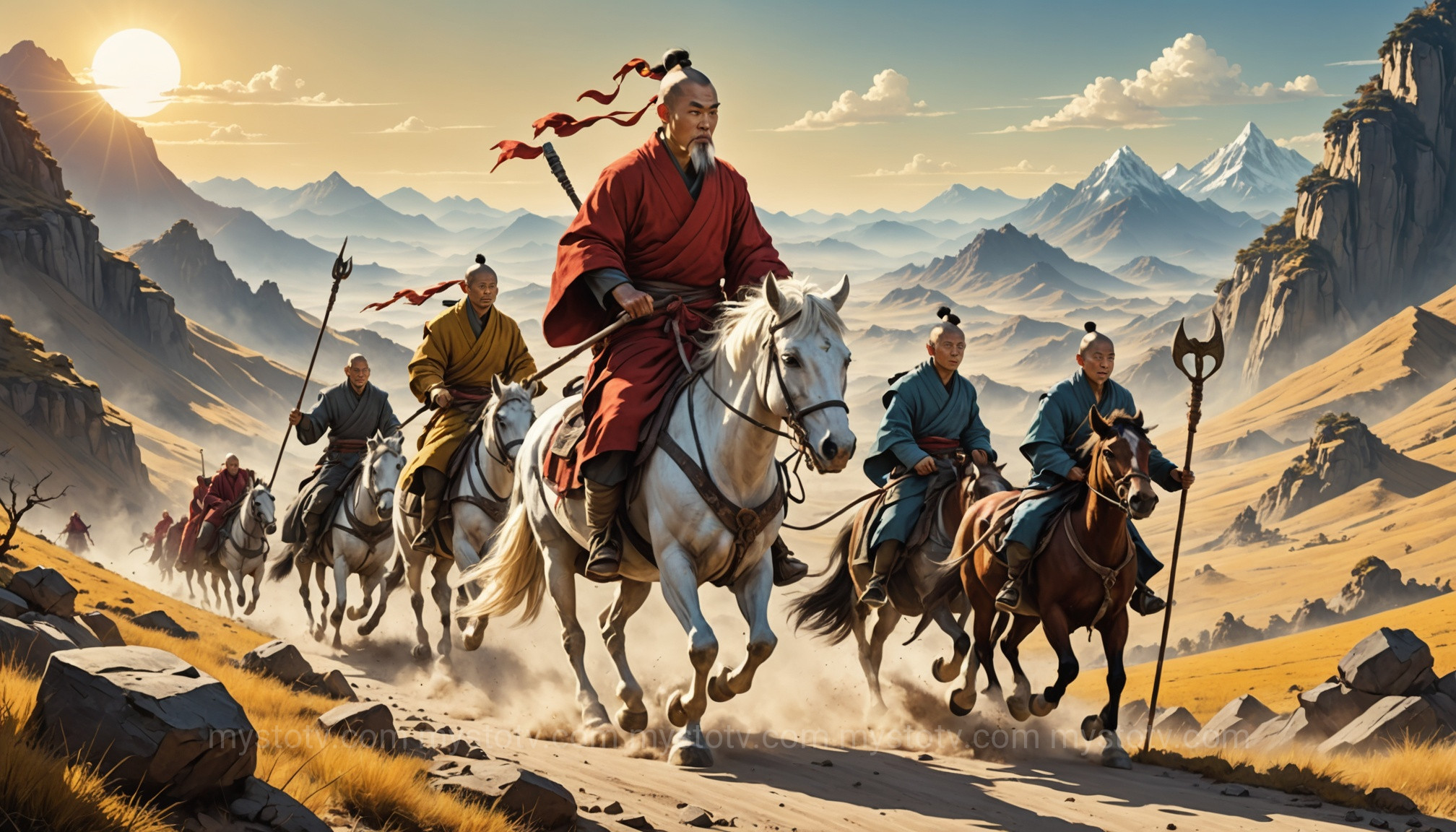 The four pilgrims, Xuanzang, Sun Wukong, Zhu Bajie, and Sha Wujing, begin the Sun Wukong Journey to the West.