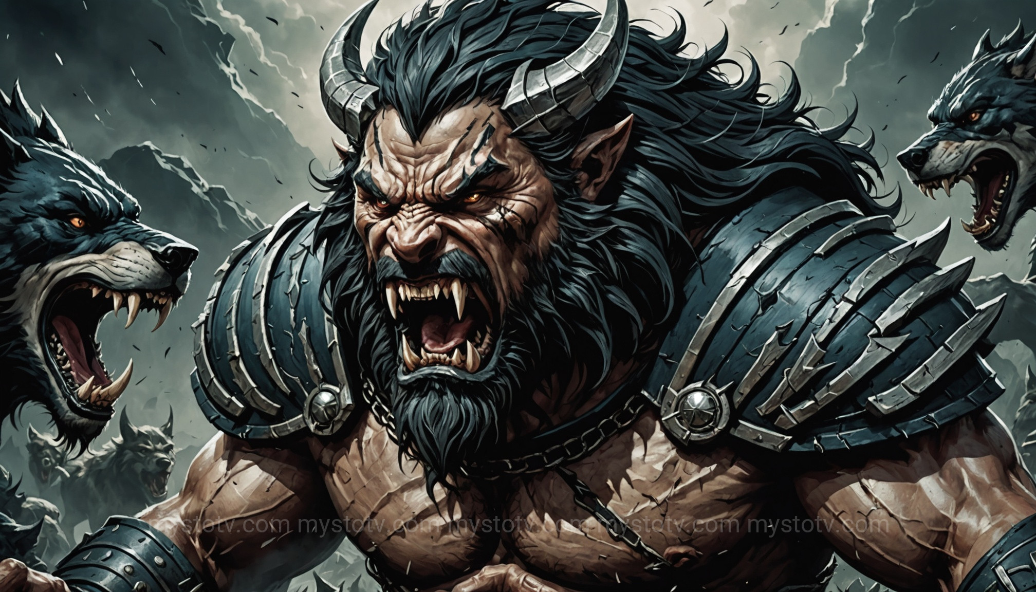 The god Tyr placing his hand in Fenrir\'s mouth as a pledge, the ultimate sacrifice in the binding of Fenrir story.