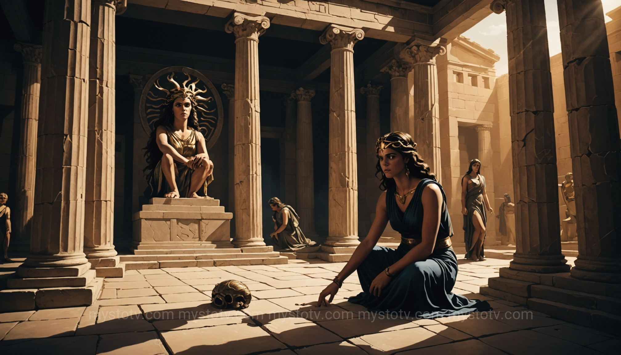 The goddess Athena unjustly cursing a young priestess in the classic version of the myth, which is often too dark for a kid-friendly story of Medusa for kids.