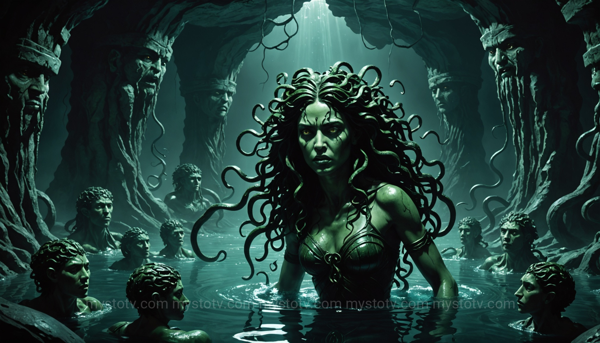 The Gorgon Medusa in her desolate cave, surrounded by stone statues, highlighting the tragic life within the Medusa mythology explained.