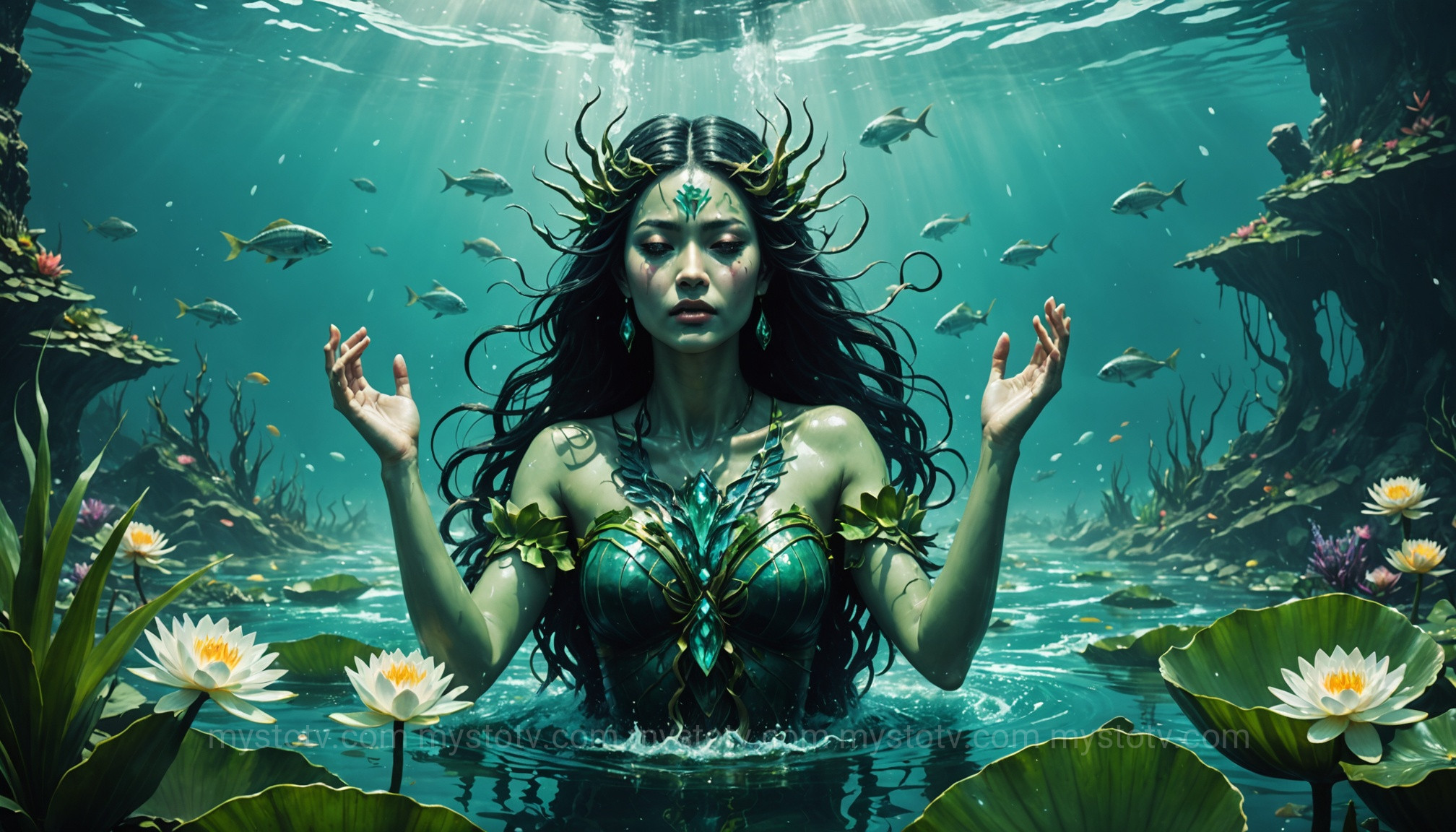 The great flood of the Fourth Sun, a key event in the Aztec creation story, transforming humanity into fish.