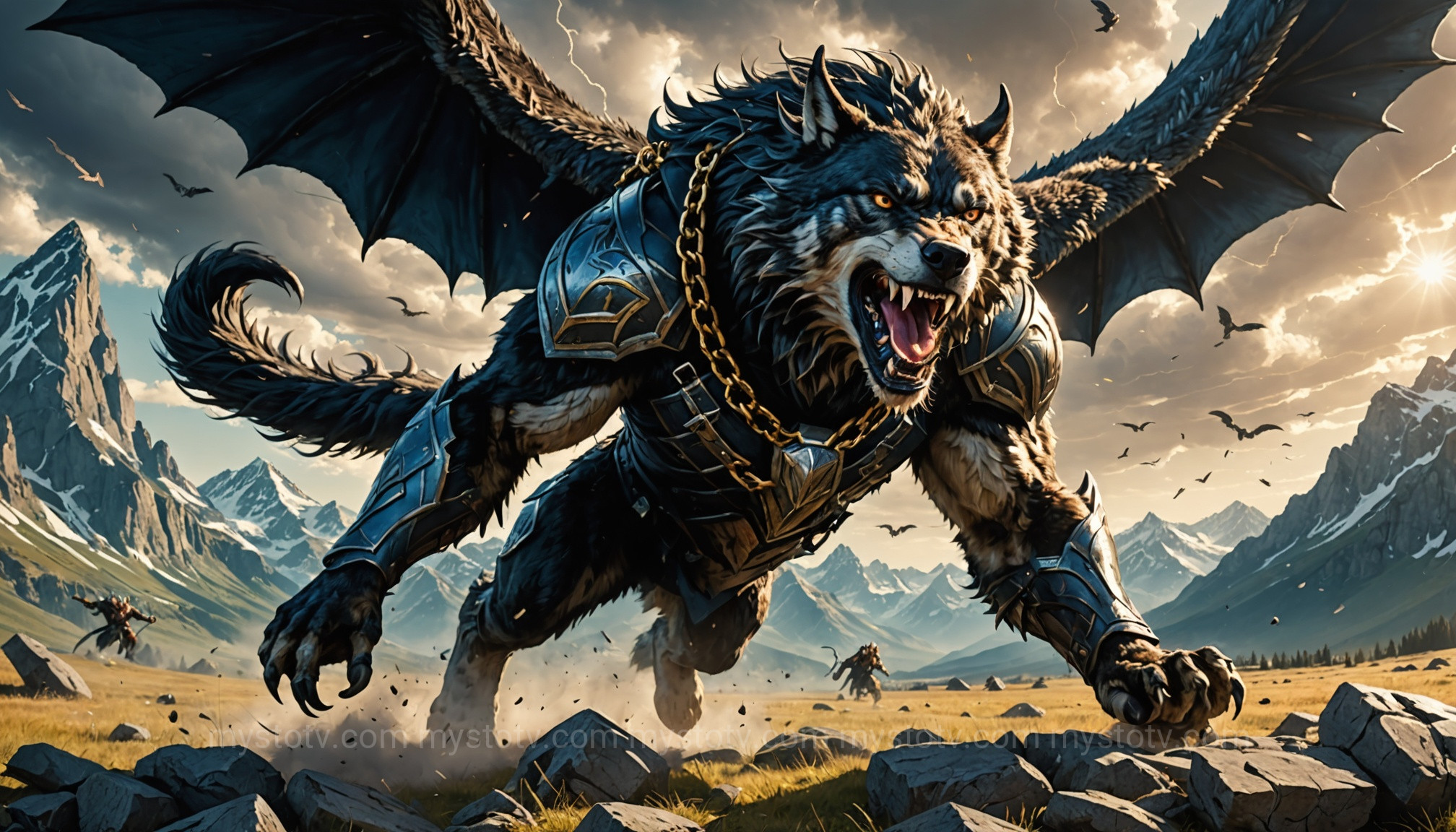 The great wolf Fenrir shattering the chain Dromi, a key failure for the gods in the binding of Fenrir story.