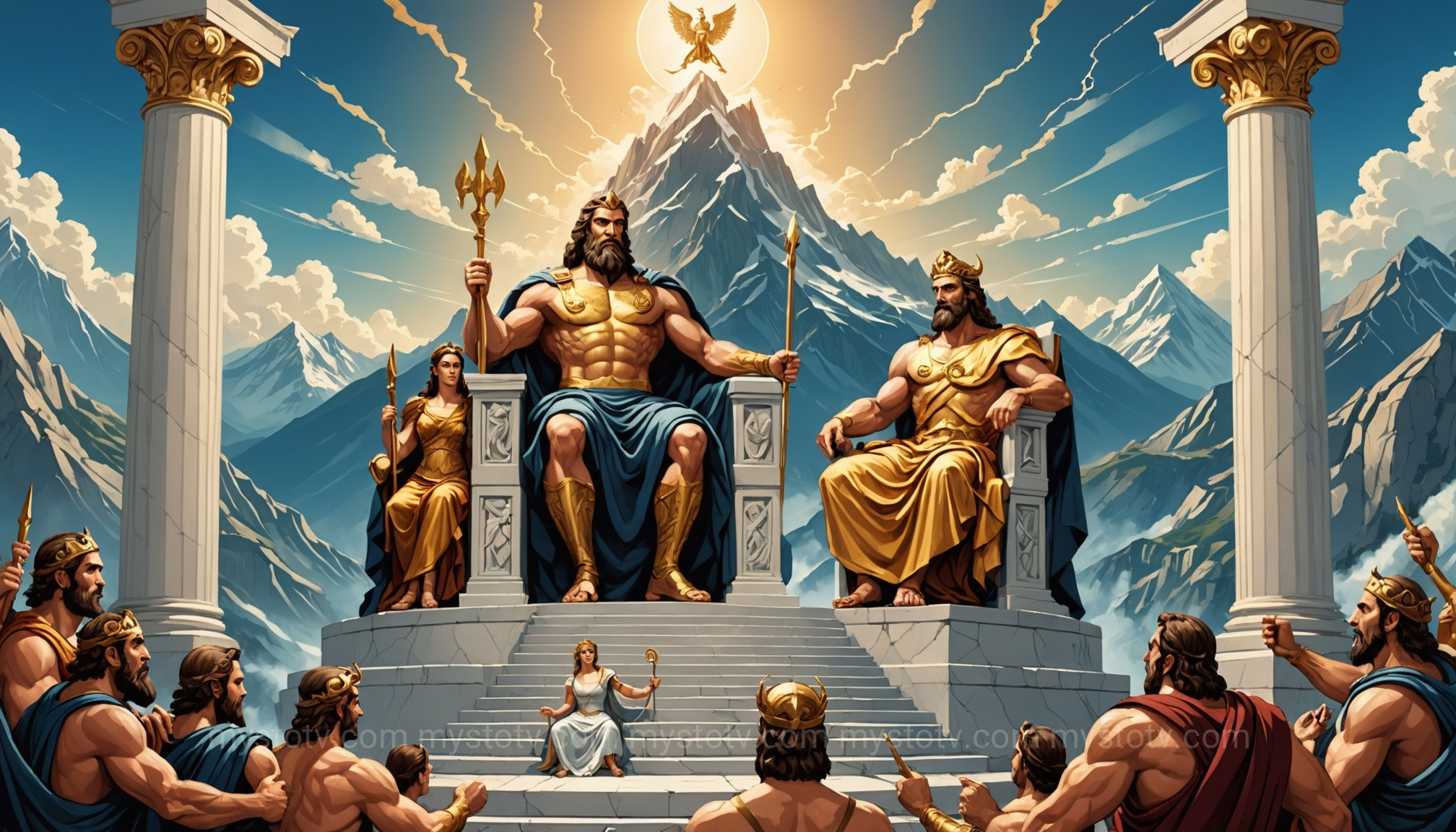 The Greek gods on Mount Olympus, a classic example of a familial pantheon hierarchy definition with Zeus at its apex.