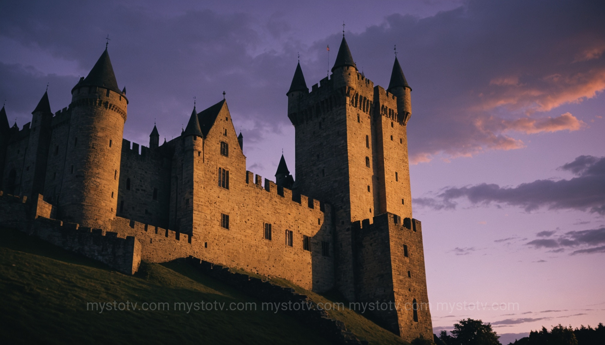 The imposing silhouette of a historic European castle, one of the most haunted places in the world, set against a stormy twilight sky.