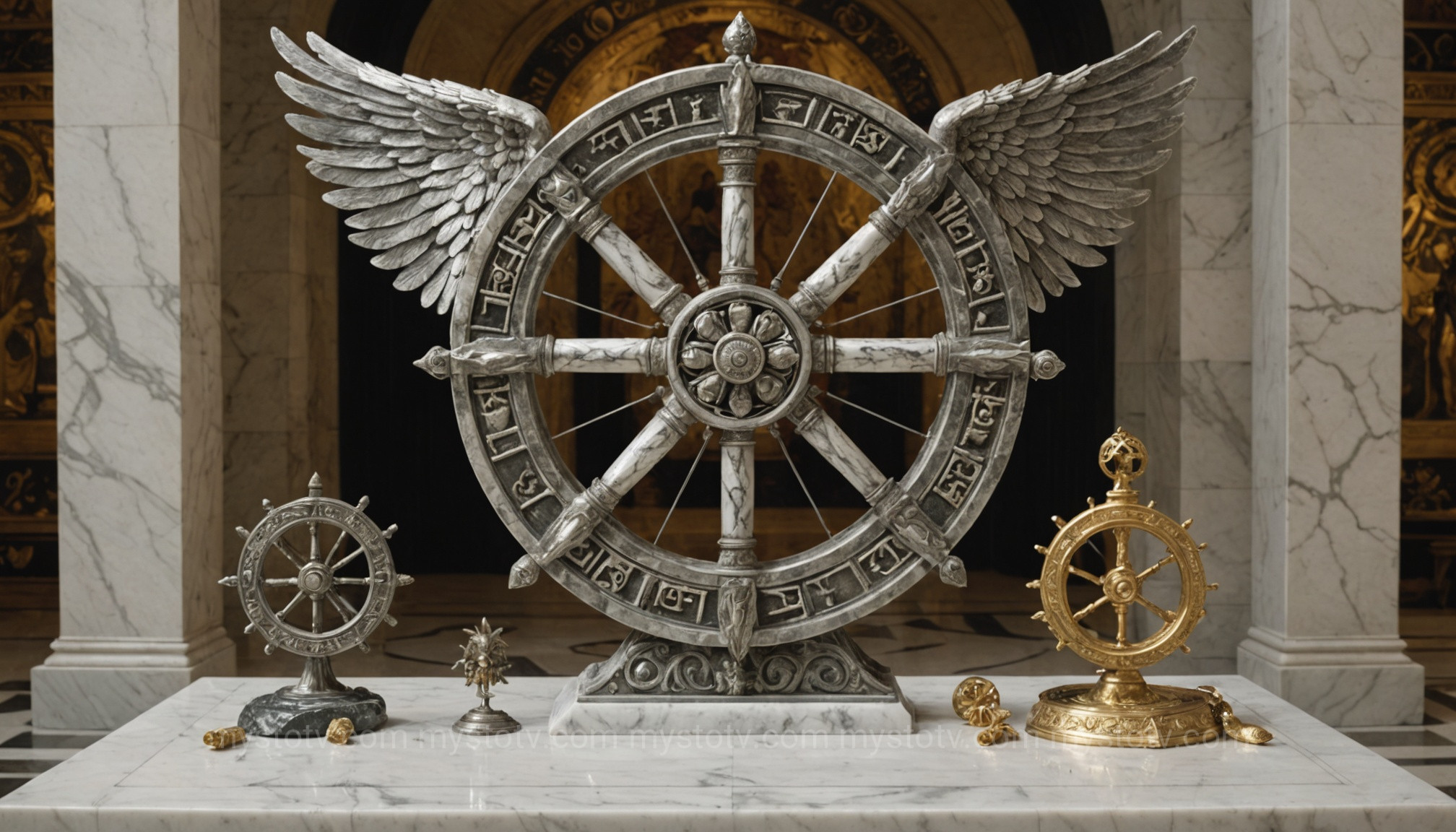 The key symbols that help explain who is Nemesis Greek goddess: the wheel, sword, and bridle.