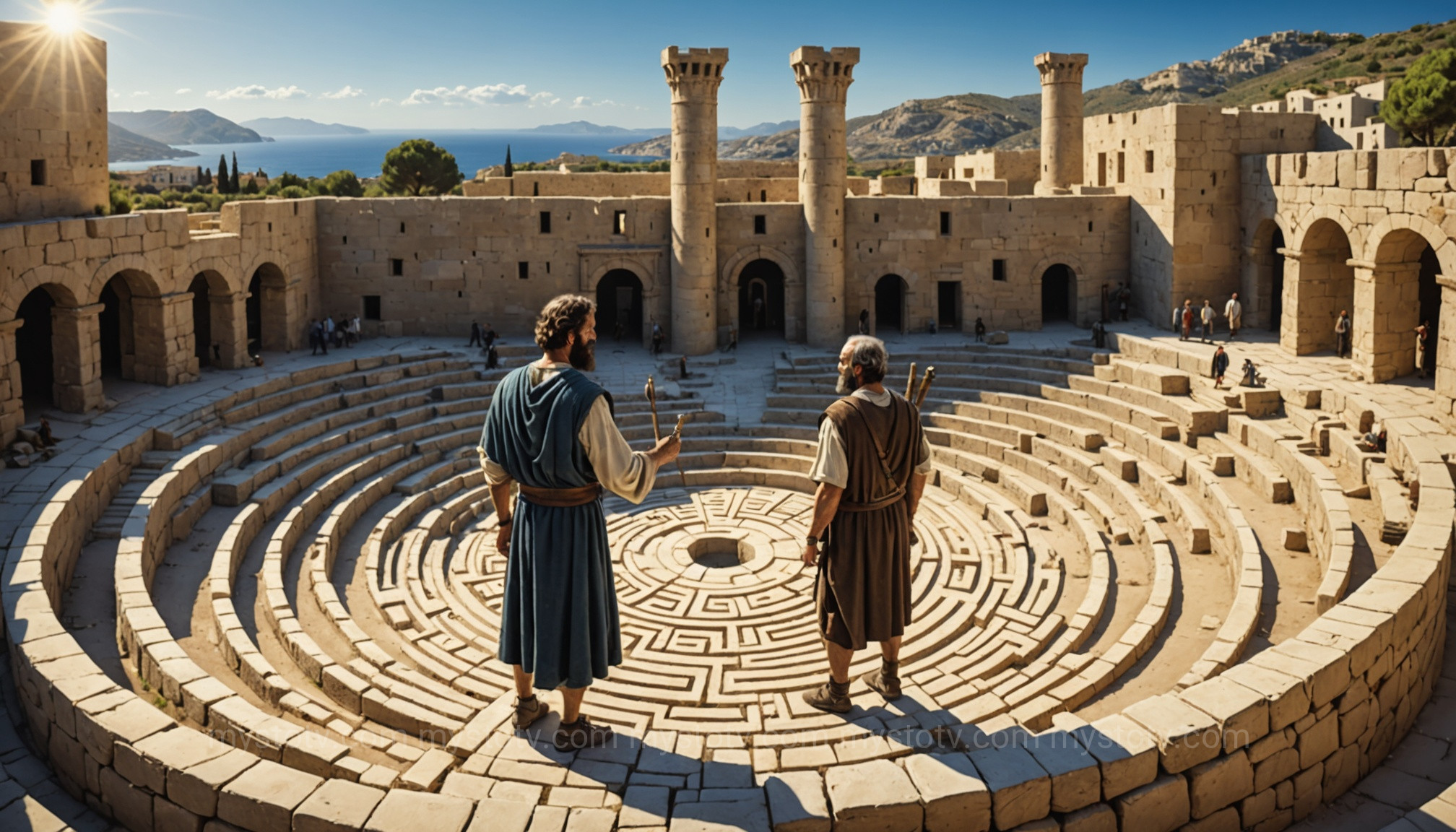 The master craftsman Daedalus overseeing the construction of the Labyrinth in Crete, a key part of the story of Icarus and Daedalus.