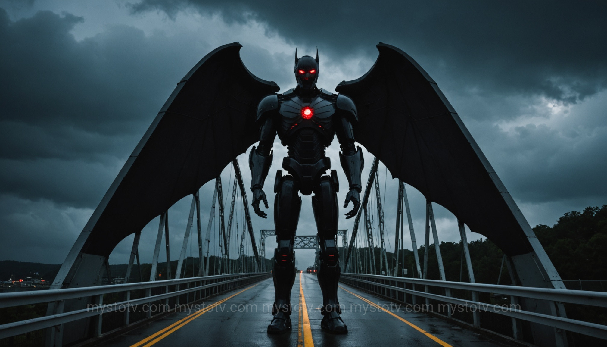 The Mothman, a famous figure in West Virginia\'s Appalachian folklore stories, perched above the Silver Bridge before its collapse.