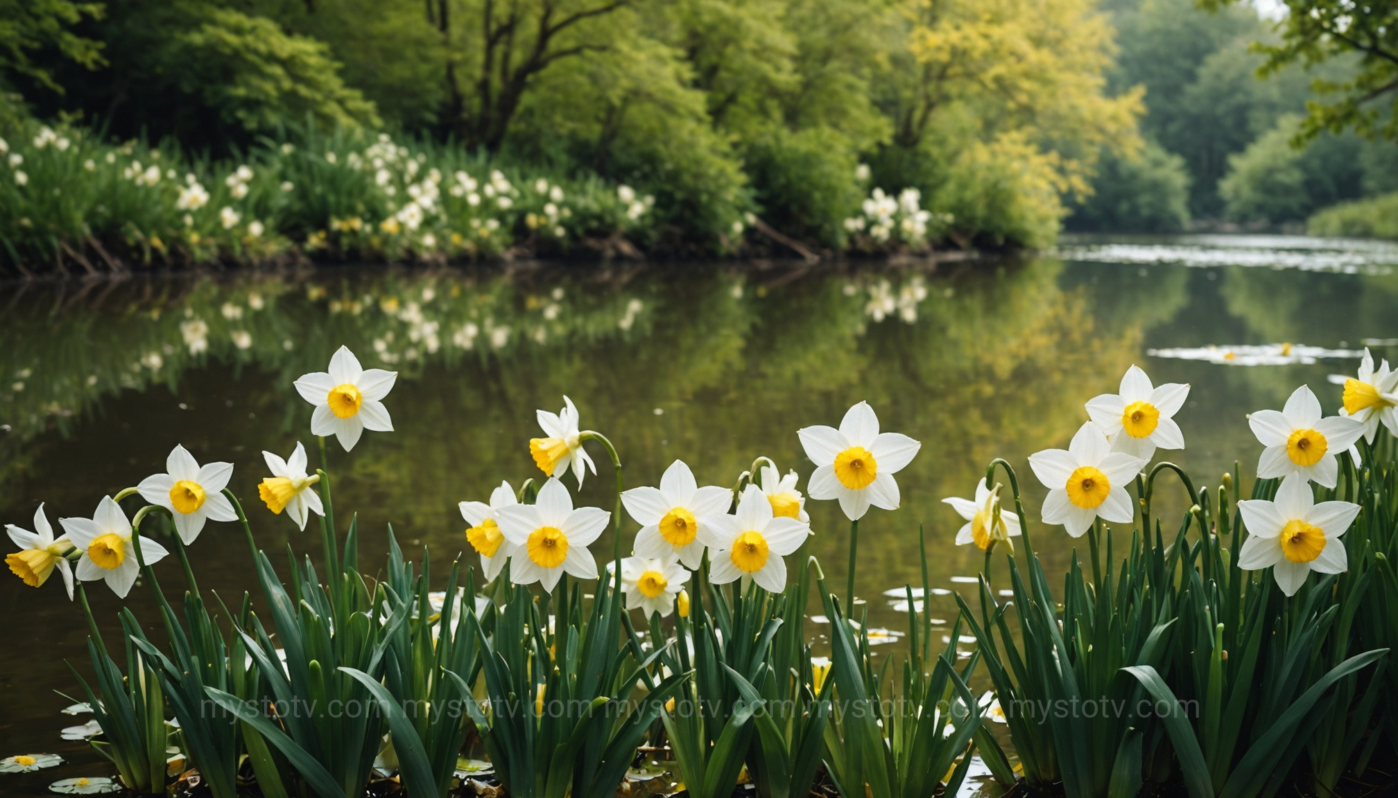 The narcissus flower, a legacy of the myth of Narcissus and Echo, bowing its head toward a reflective stream.