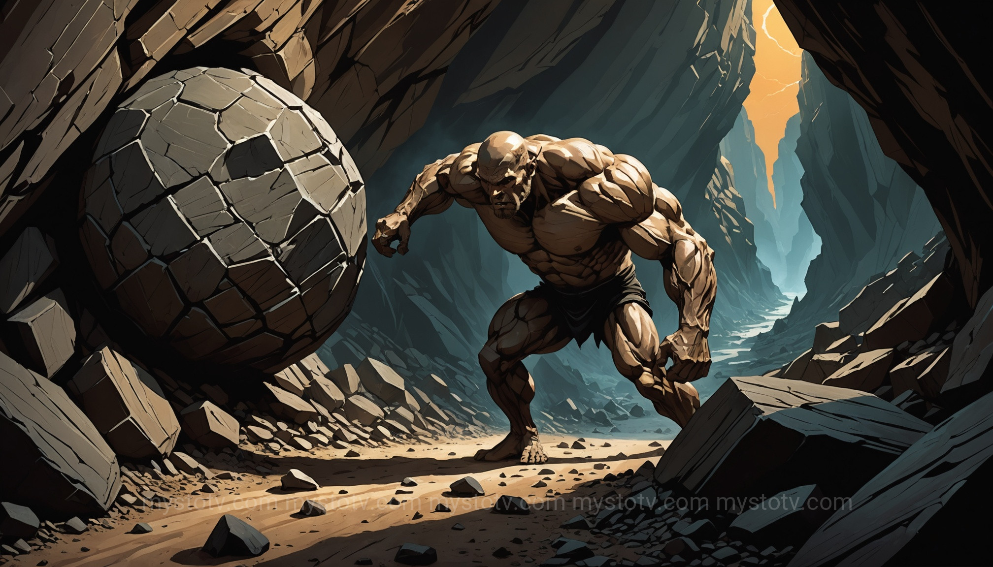 The punishment of Sisyphus pushing a boulder, an example of mortal torment in what is Tartarus in Greek mythology.