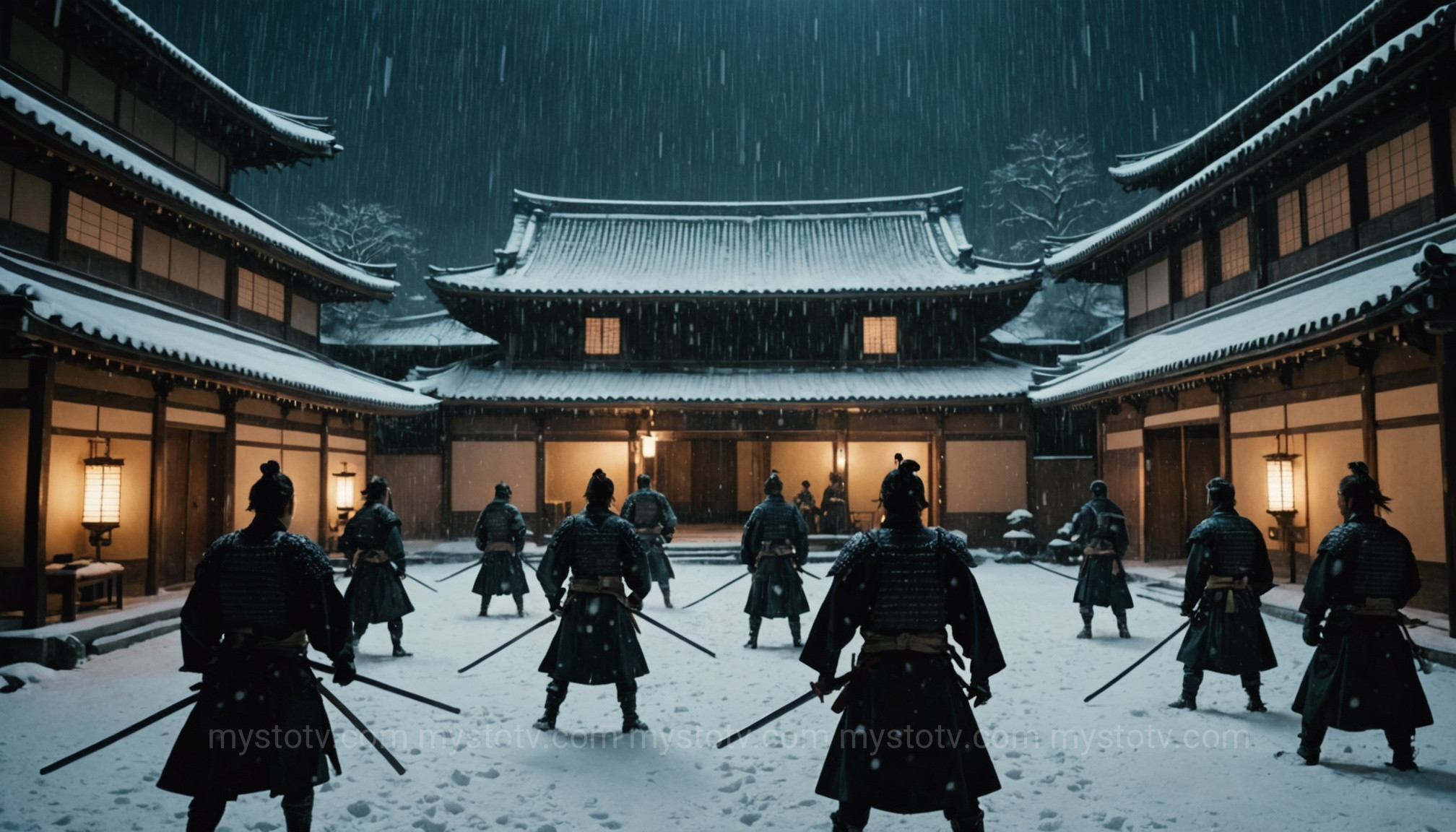 The ronin attacking Kira\'s mansion on a snowy night, the climatic battle of the 47 ronin story.