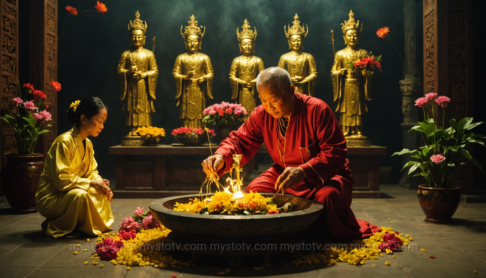 The solemn and sacred statue bathing ceremony (Le Tam Tuong) during the Ba Chua Xu festival, a key ritual.