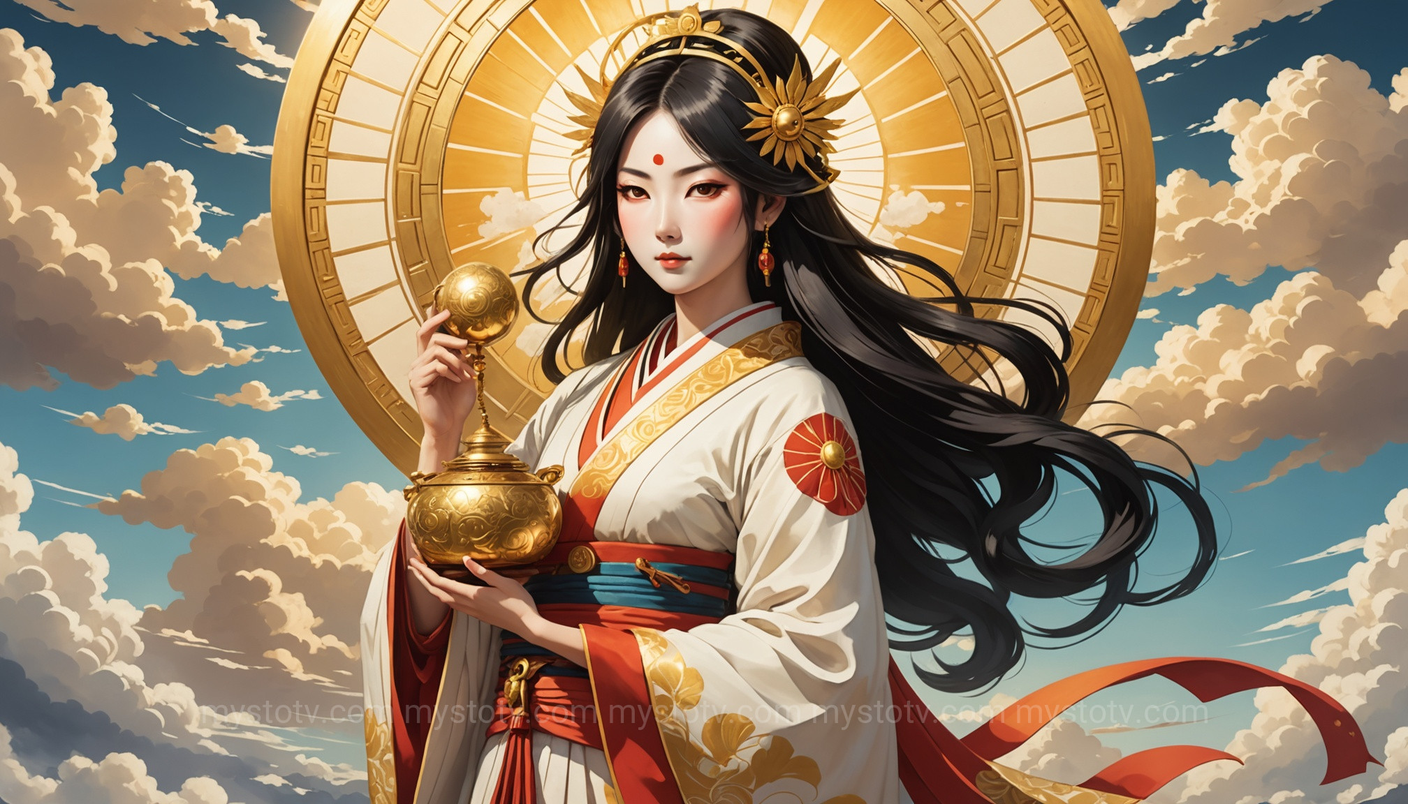 The sun goddess Amaterasu, the most important figure on the Shinto kami list, radiating light.