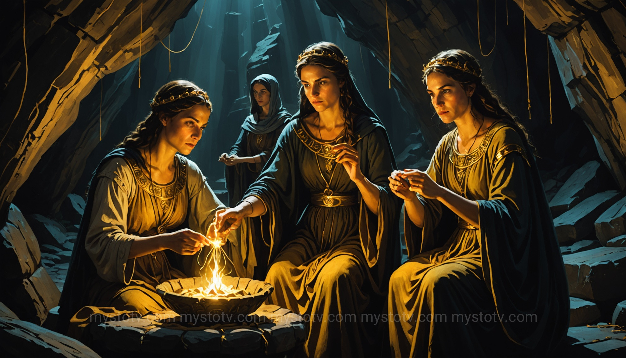 The three Moirai depicted in their roles providing a visual for the Fates Greek mythology explained.