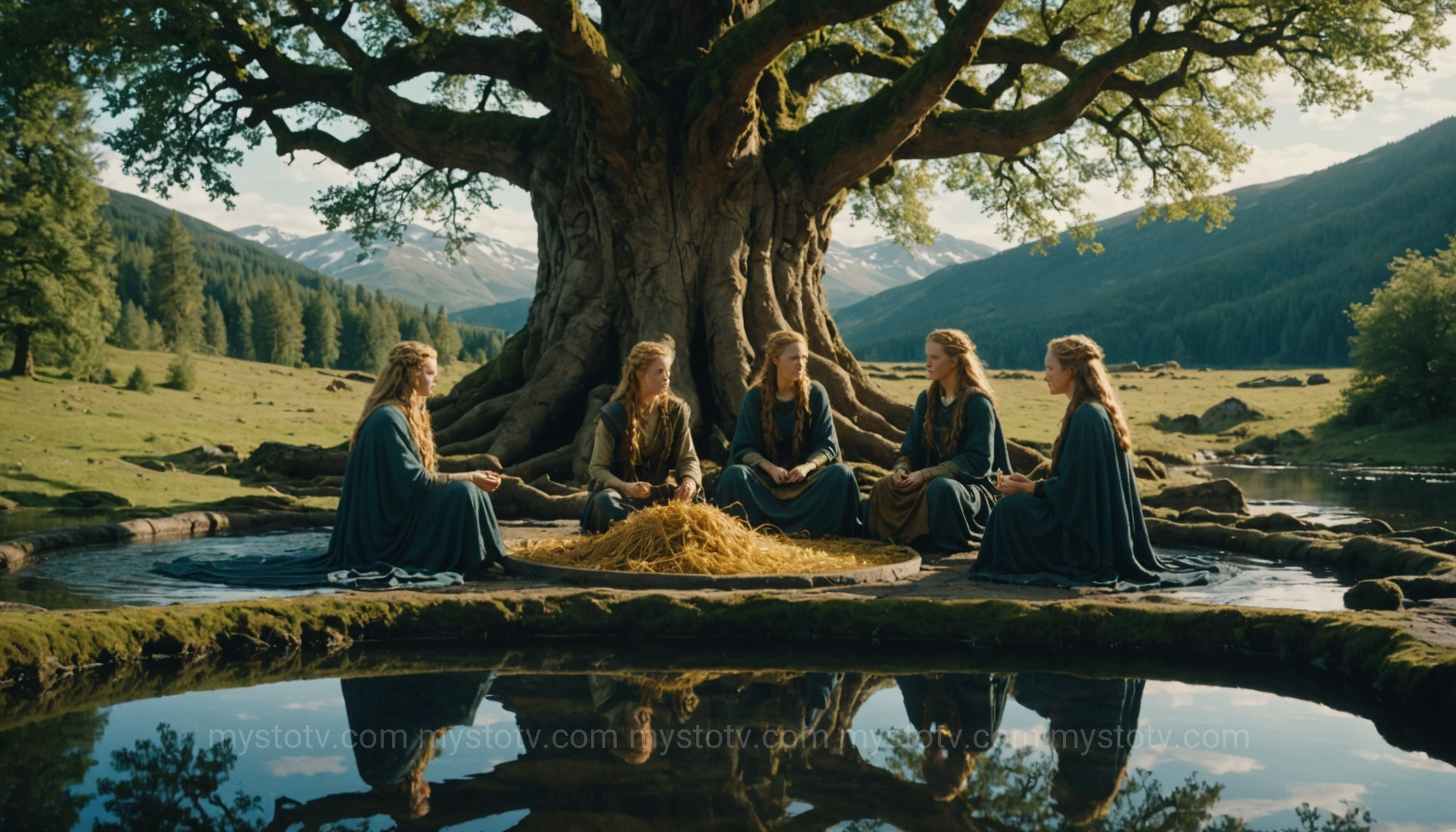 The three Norns weaving fate at the Well of Urd, a key location for understanding \'what is yggdrasil the world tree\'.