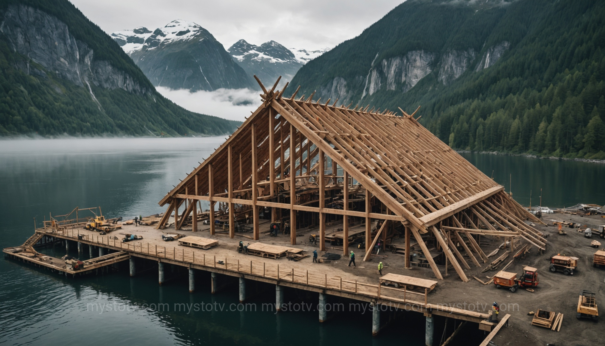 The timber frame of a longhouse being built, demonstrating the complex joinery involved in viking longhouse construction techniques.